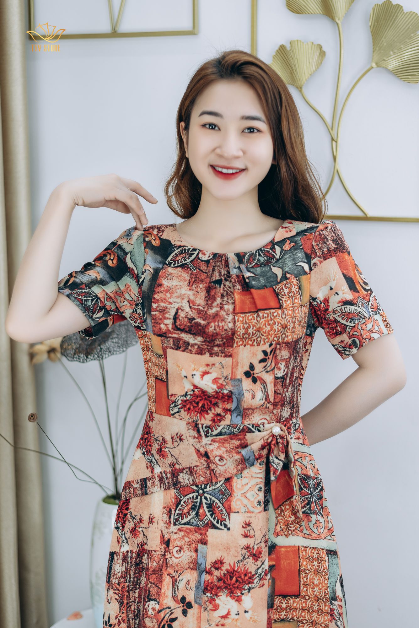 Đầm xòe - Cổ xếp ly eo đính ngọc - AH - Cam họa tiết - TTV1283