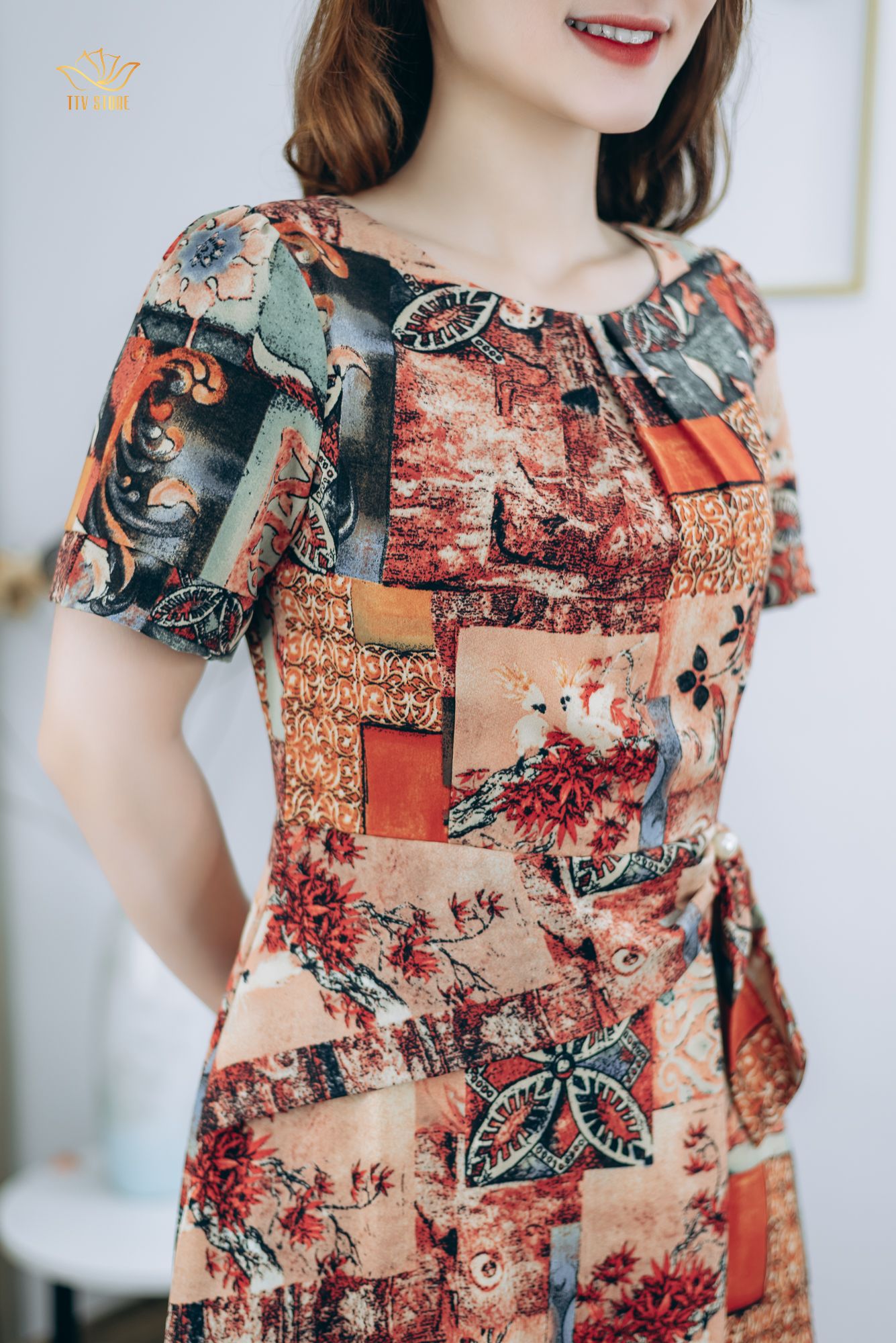 Đầm xòe - Cổ xếp ly eo đính ngọc - AH - Cam họa tiết - TTV1283