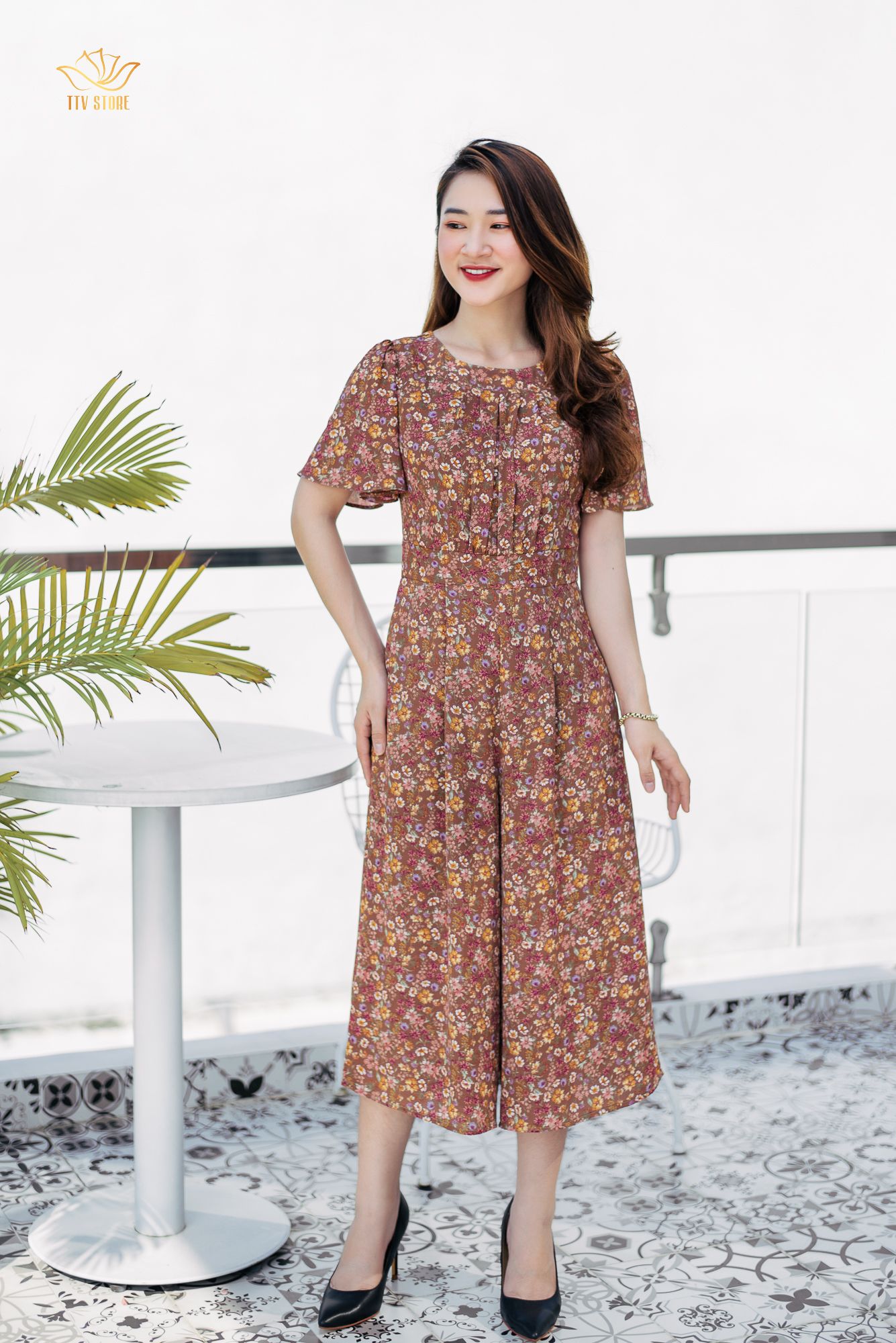 Jump lửng - Cổ tròn tay loe - CD - Nâu hoa - TTV1006 *