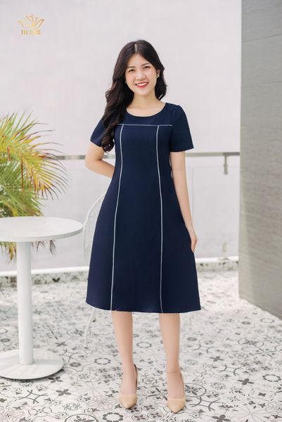 Đầm xoè - Cổ tròn tay ngắn phối viền - CV - Xanh đen - TTV764