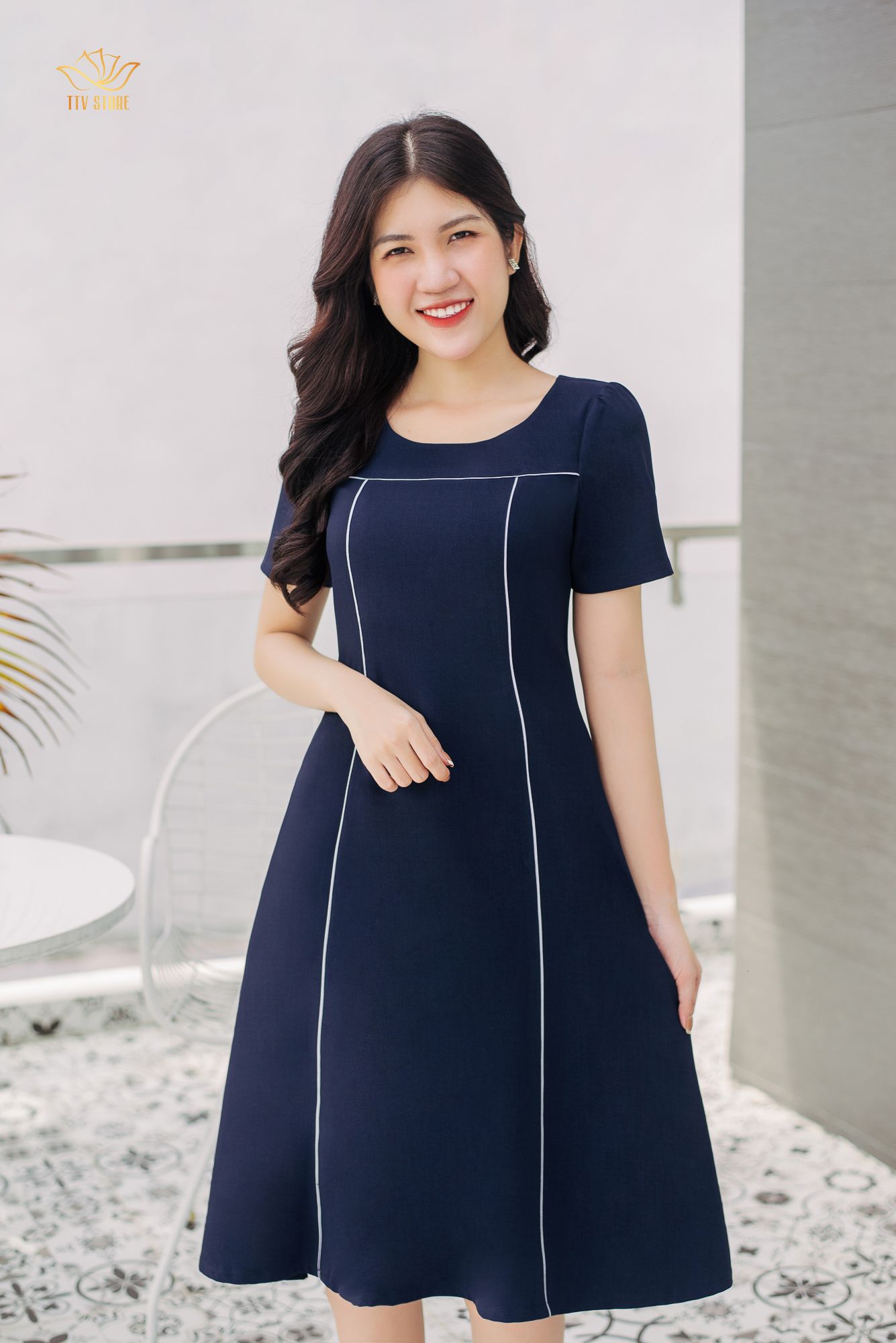 Đầm xoè - Cổ tròn tay ngắn phối viền - CV - Xanh đen - TTV764