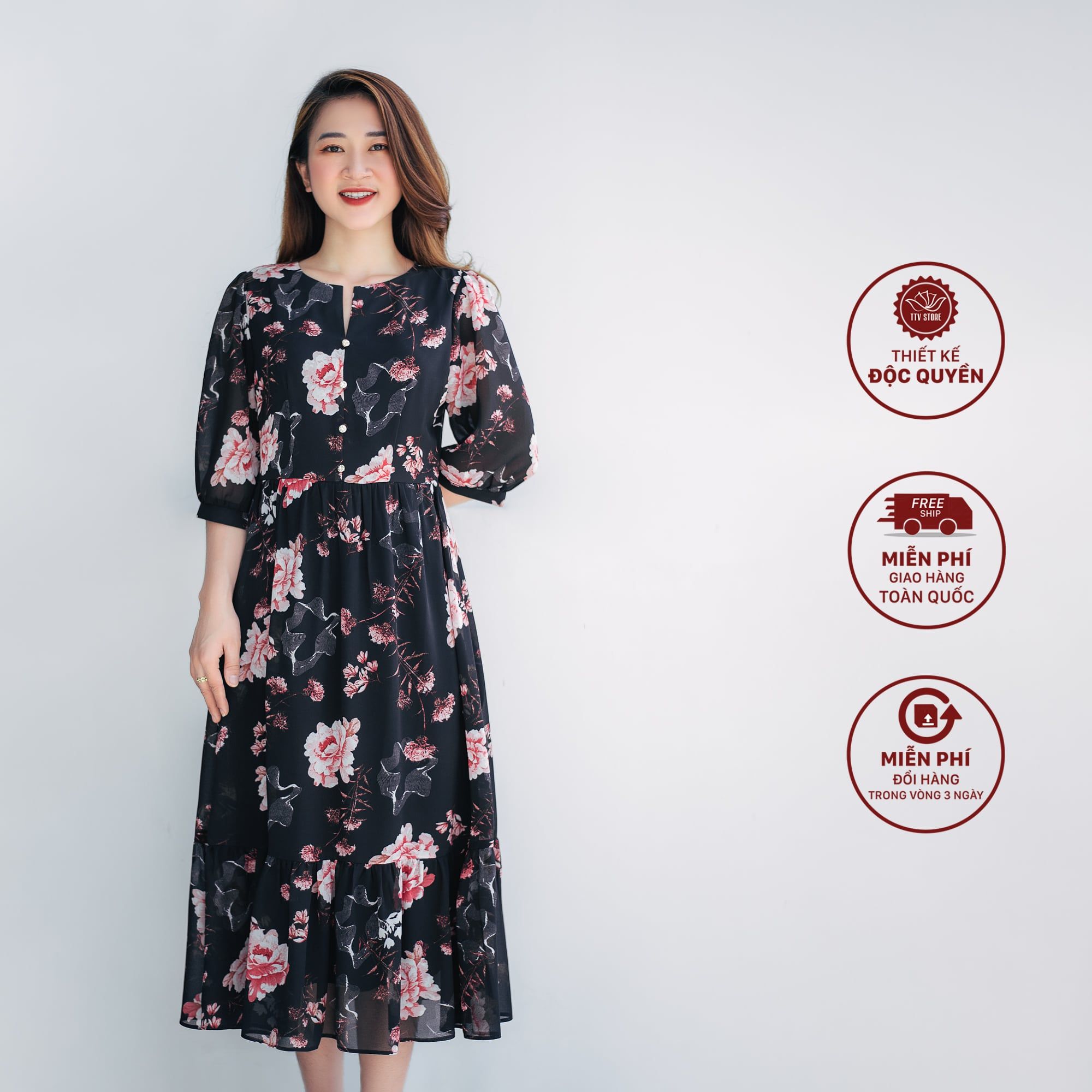 Maxi - Cổ bẻ kết nút tay bo - CD- Đen hoa đỏ - TTV1001