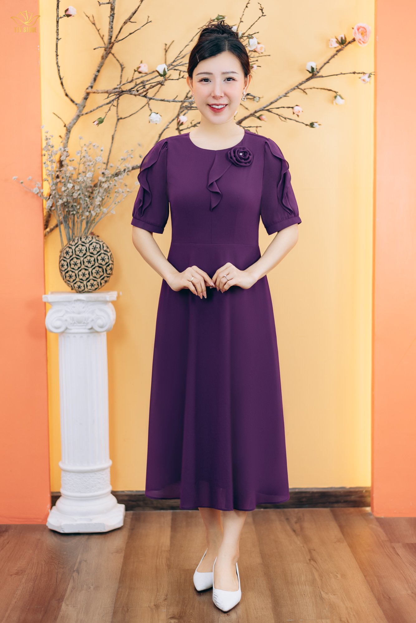Đầm xòe - Cổ tròn kết hoa tay lỡ - CD - Tím cẩm - TTV1879