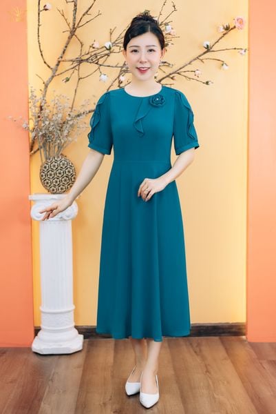 Đầm xòe - Cổ tròn kết hoa tay lỡ - CD - Xanh - TTV1879