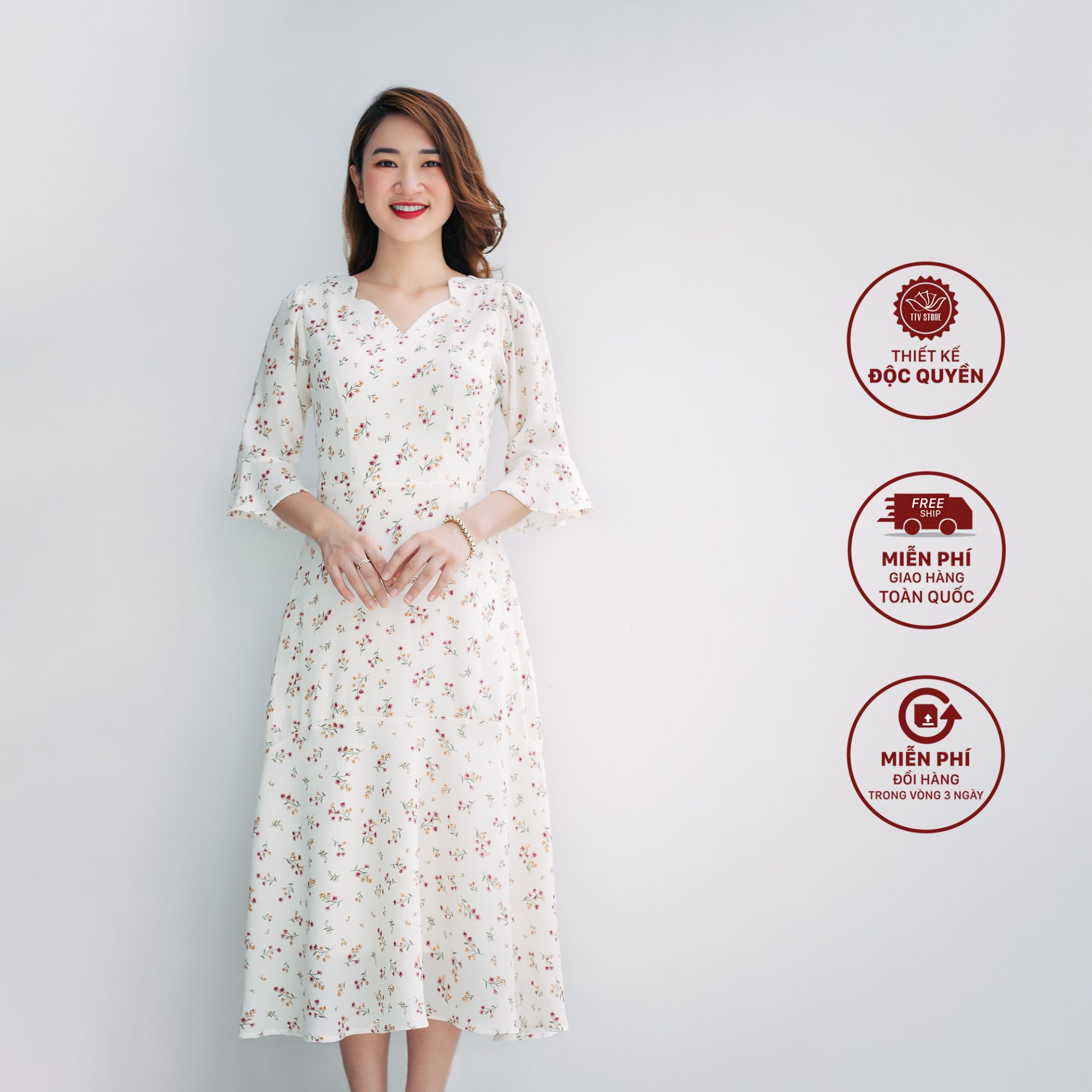 Maxi - Cổ sóng nước tay chuông - CV - Kem hoa - TTV996 *