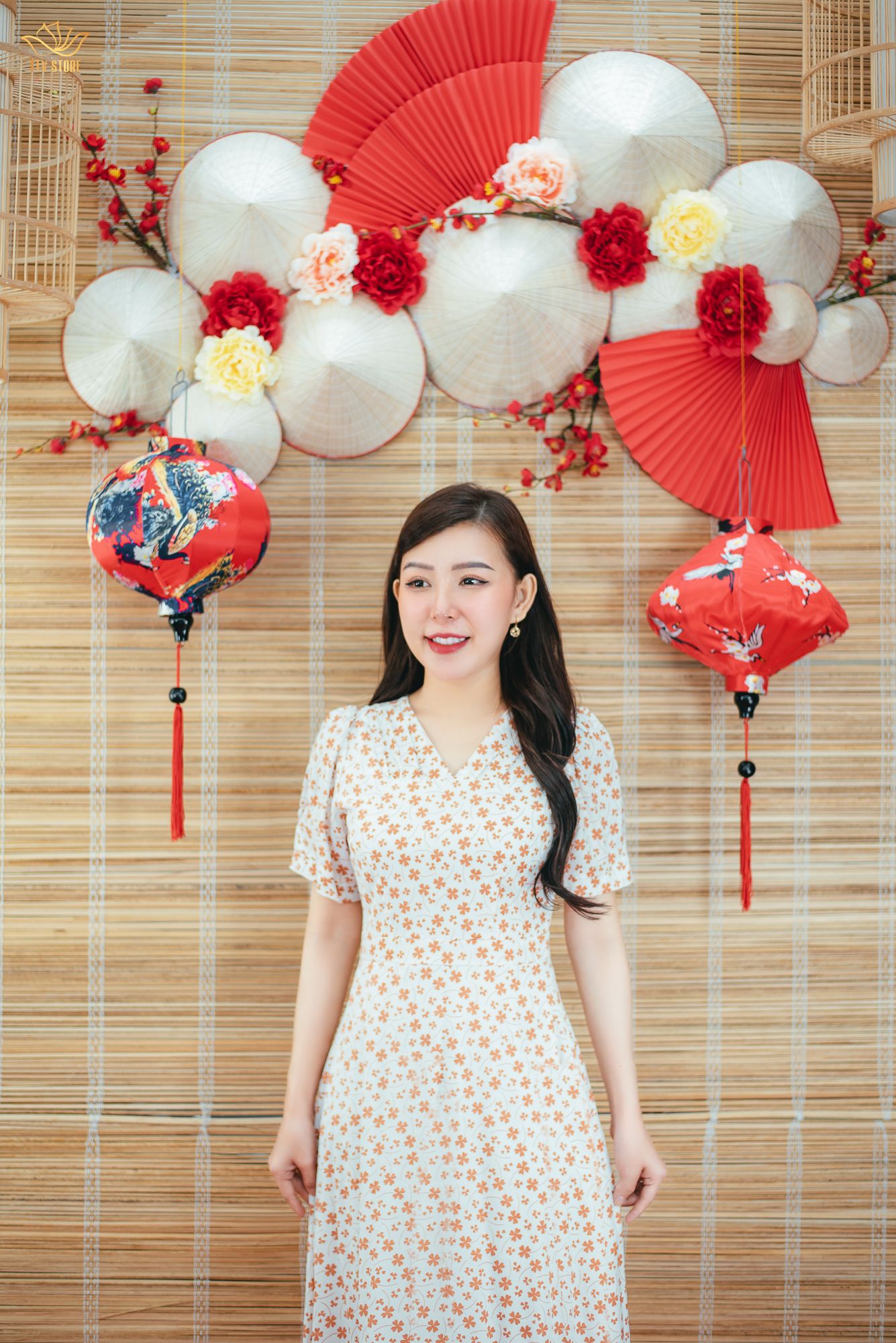 Đầm xòe - Cổ tim nhúng tay ngắn - CD - Trắng hoa nâu - TTV1510