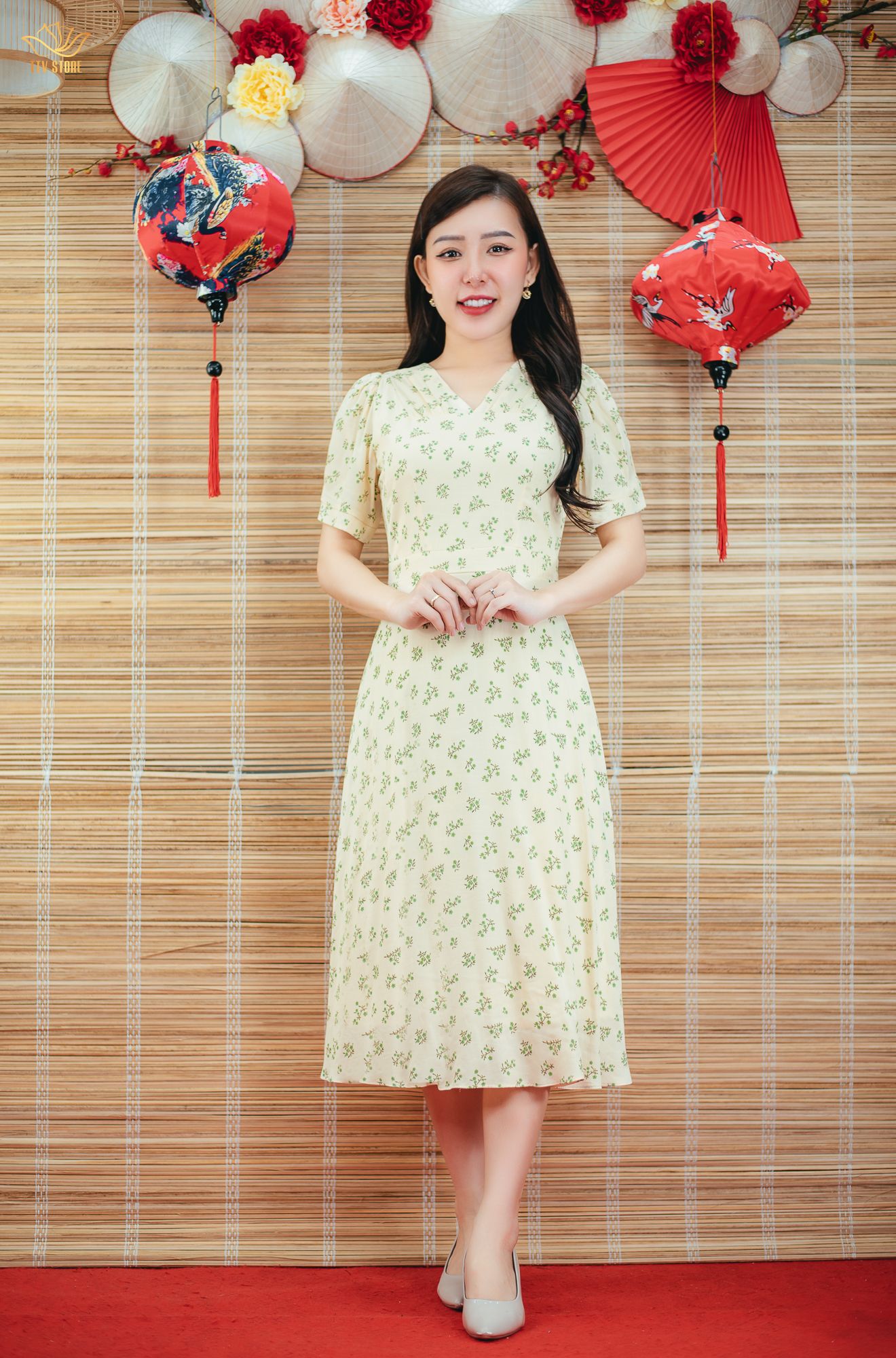 Đầm xòe - Cổ tim nhúng tay ngắn - CD - Kem hoa nhí - TTV1511