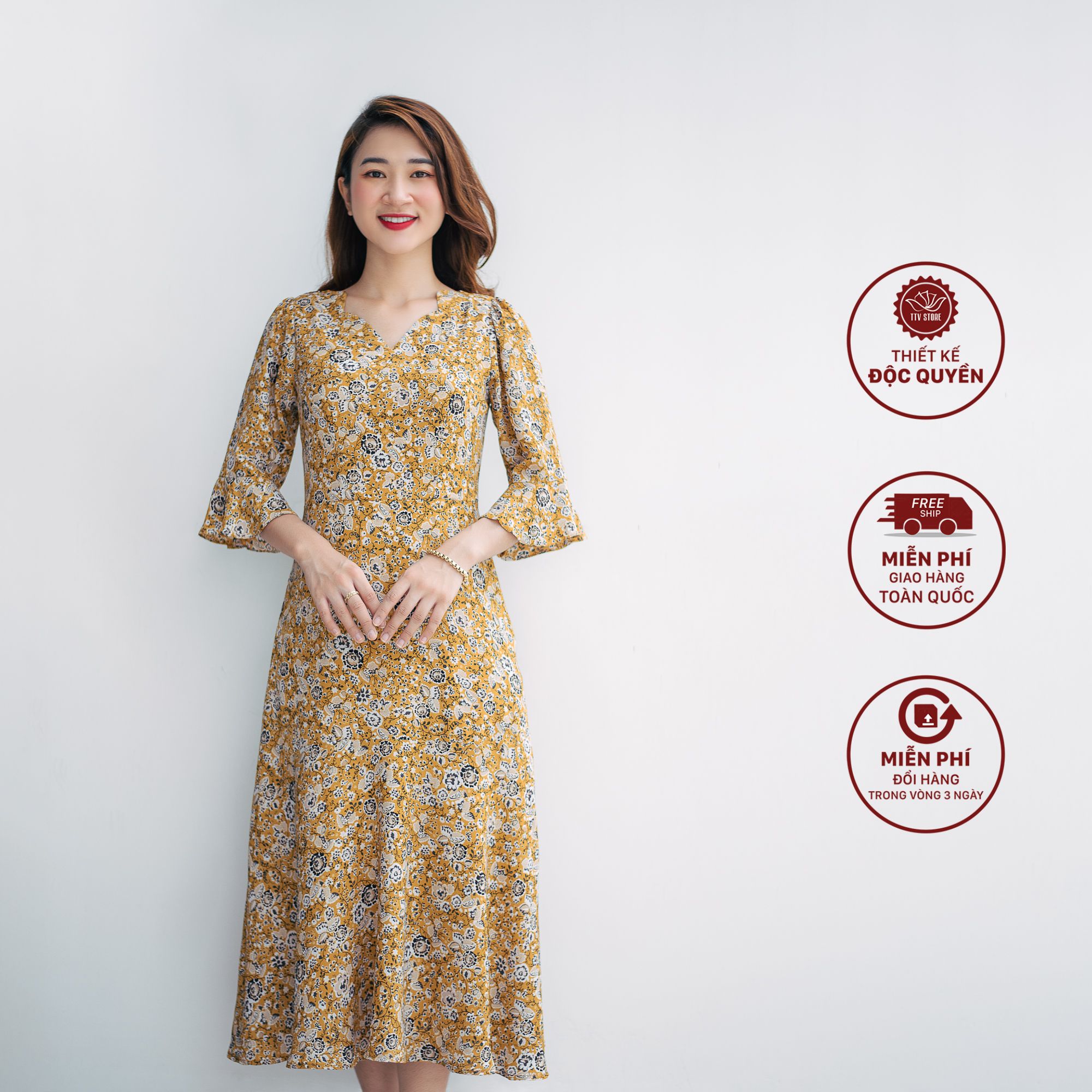 Maxi - Cổ sóng nước tay chuông - CV - Nâu hoa trắng - TTV997 *