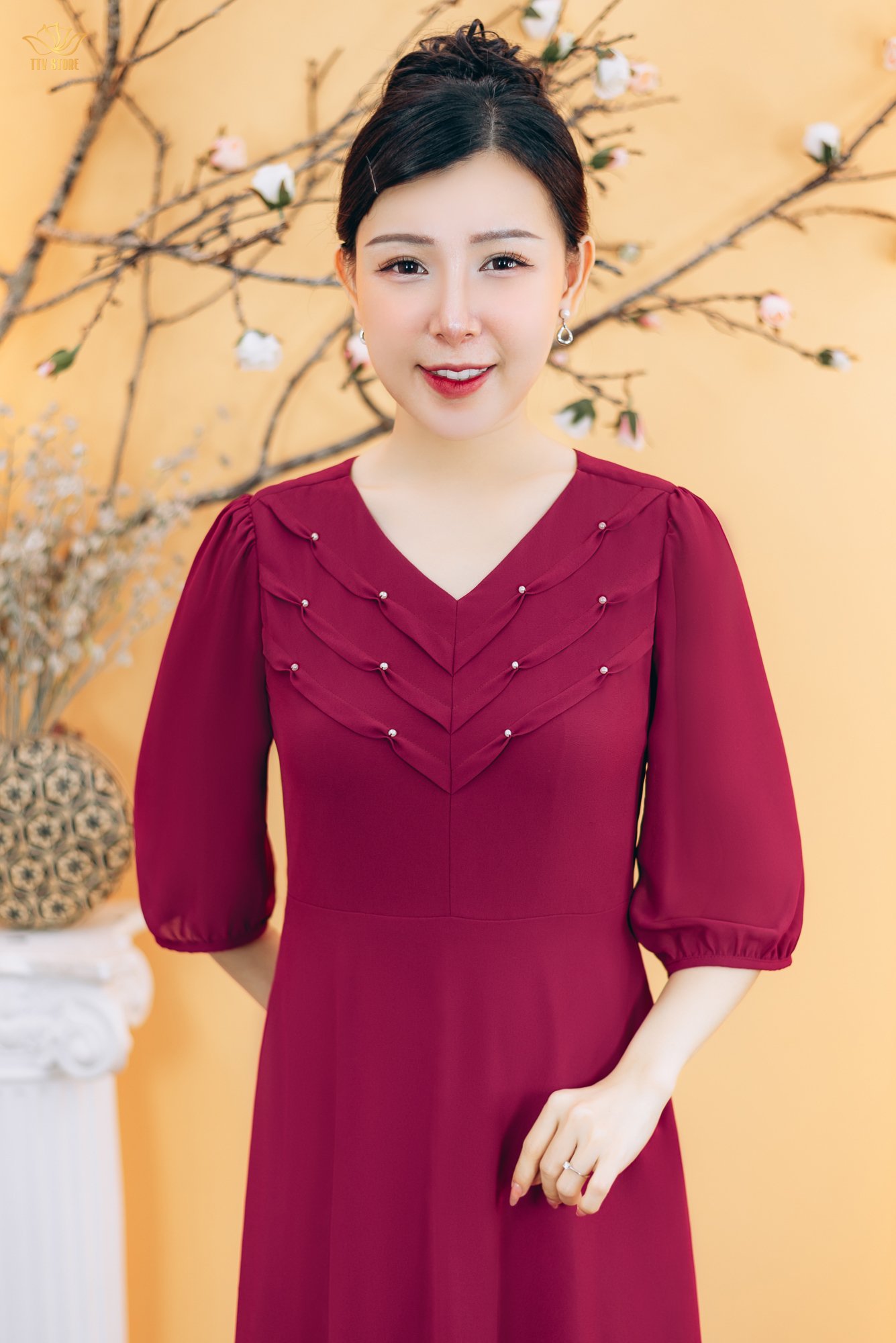 Đầm xòe - Cổ tim kết ngọc tay lỡ - CV - Đỏ - TTV1881