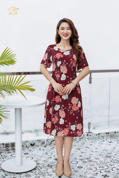 Đầm suông - Cổ tròn tay ngắn - CD - Đỏ hoa trắng - TTV1009