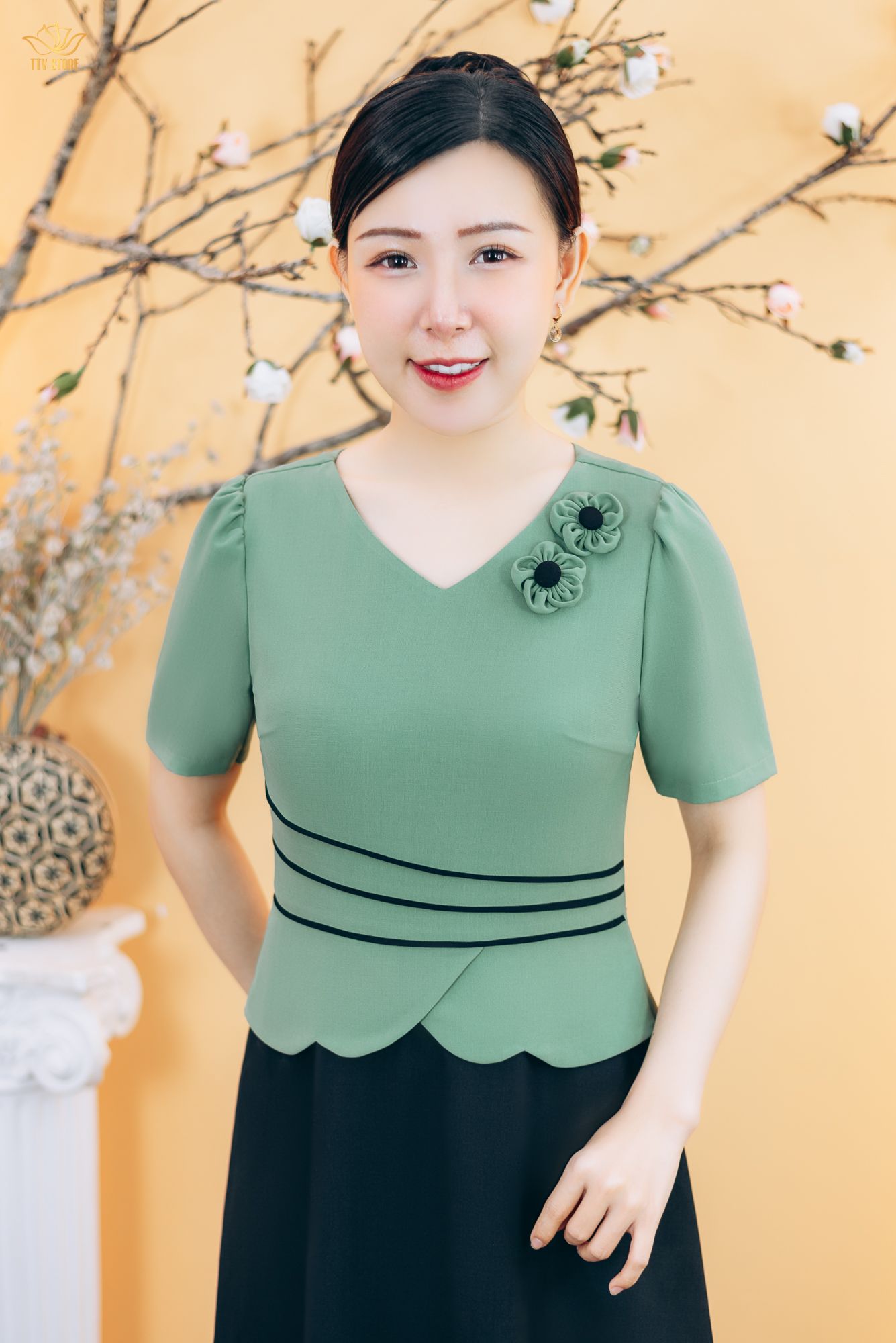 Đầm xòe - Cổ tim kết hoa tay ngắn - CD - Đen xanh đậu - TTV1898