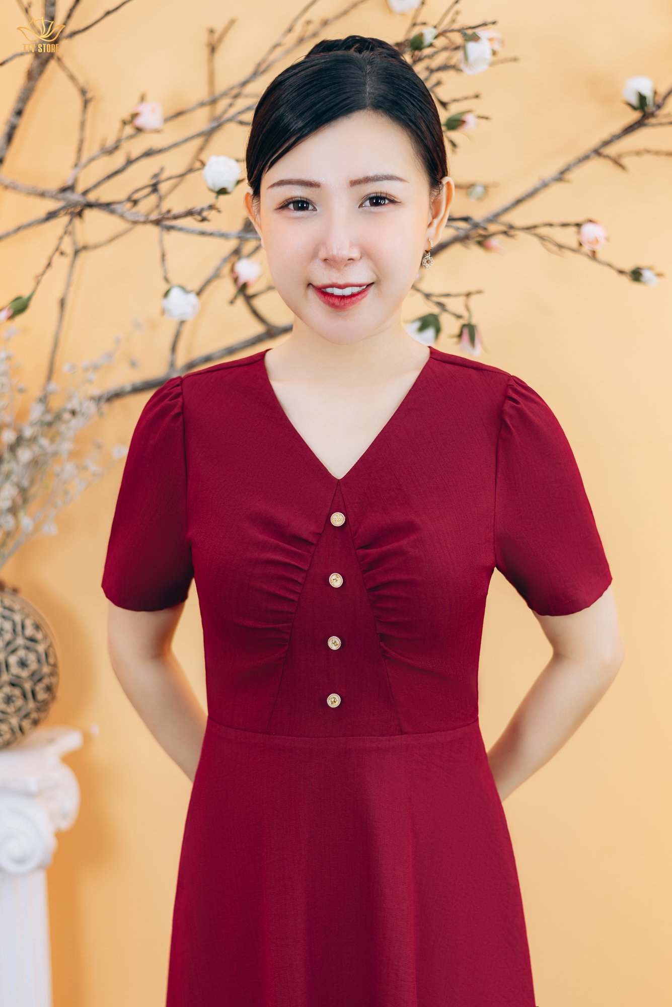 Đầm xòe - Cổ tim kết nút tay ngắn - CV - Đỏ đô - TTV1899