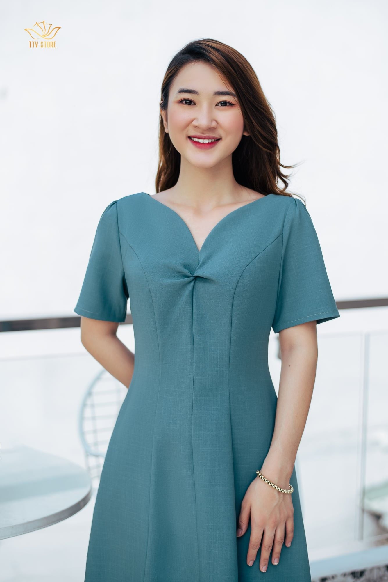 Đầm xoè - Cổ tim xoắn ngực - CD - Xanh lý - TTV1012#