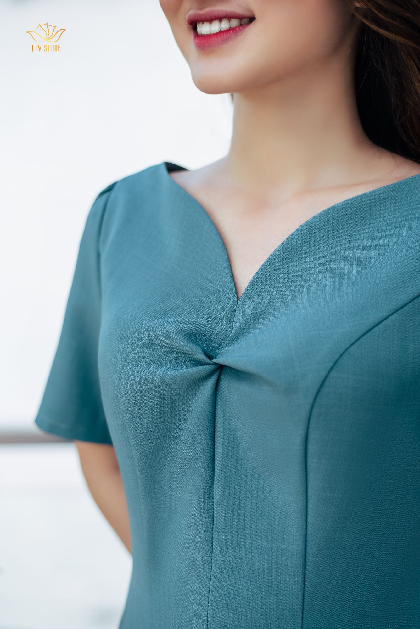 Đầm xoè - Cổ tim xoắn ngực - CD - Xanh lý - TTV1012#