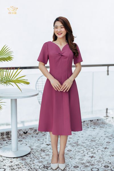 Đầm xoè - Cổ tim xoắn ngực - CD - Hồng cẩm - TTV1012#