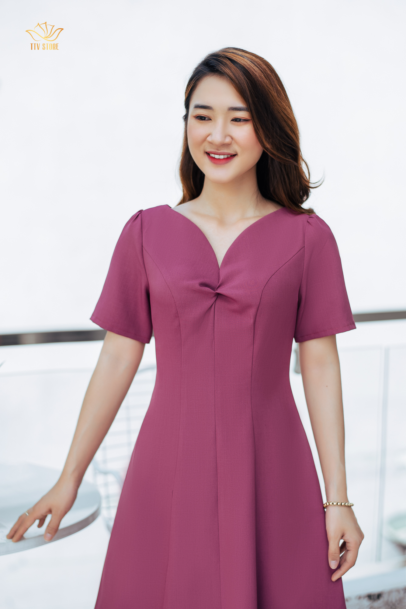 Đầm xoè - Cổ tim xoắn ngực - CD - Hồng cẩm - TTV1012#