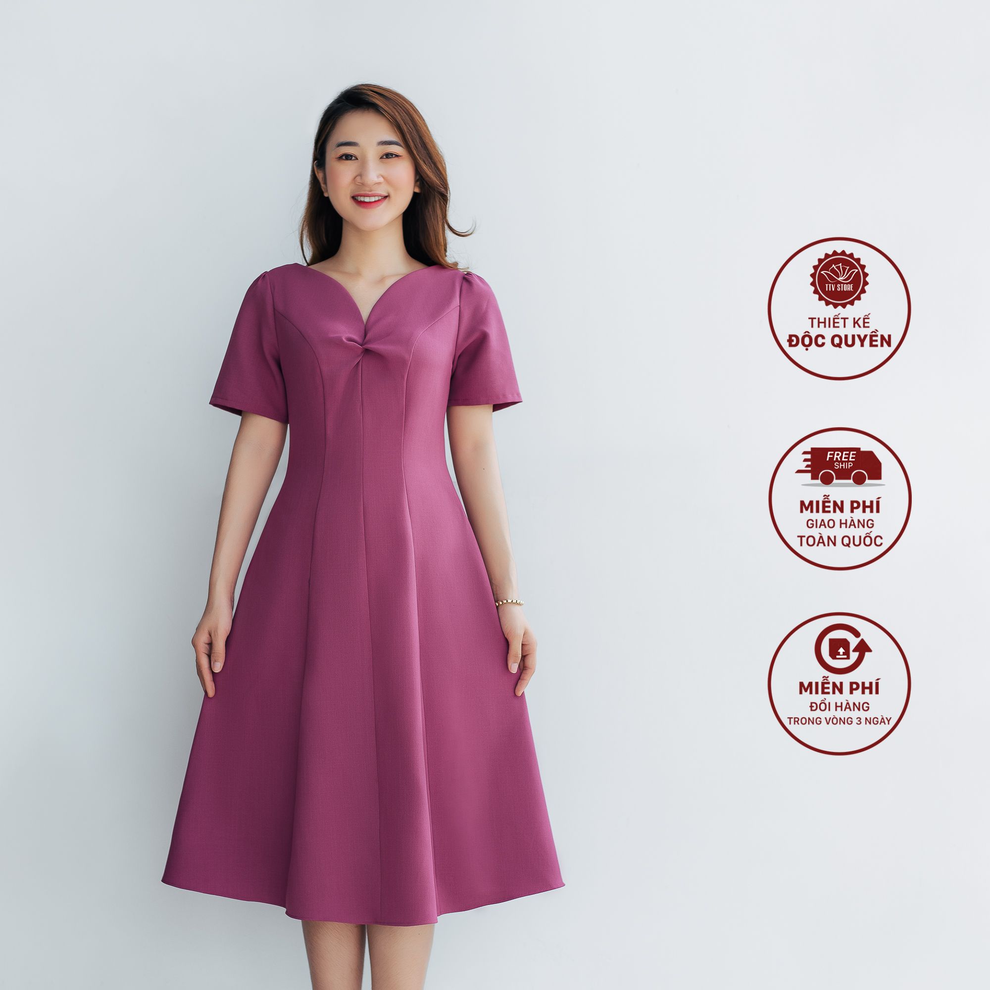 Đầm xoè - Cổ tim xoắn ngực - CD - Hồng cẩm - TTV1012#