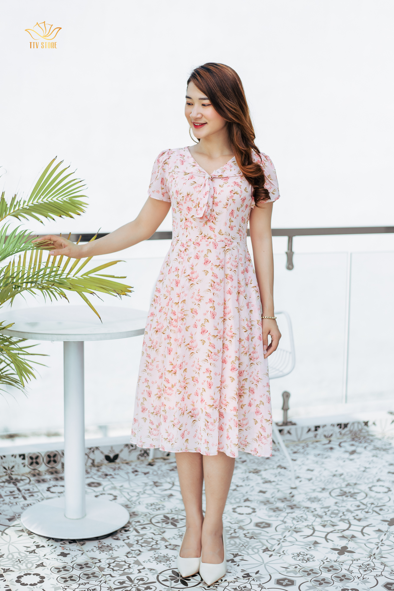 Đầm xoè - Cổ tim cột nơ - CT - Hồng hoa - TTV1007 *