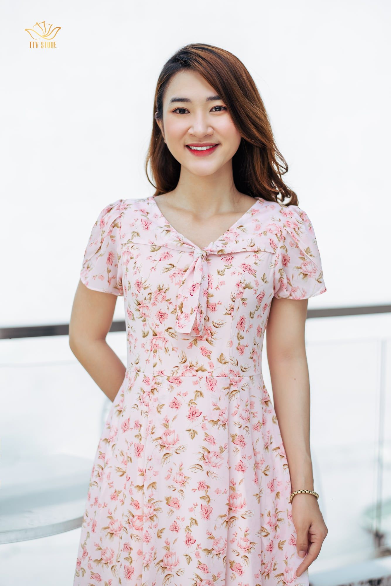 Đầm xoè - Cổ tim cột nơ - CT - Hồng hoa - TTV1007 *