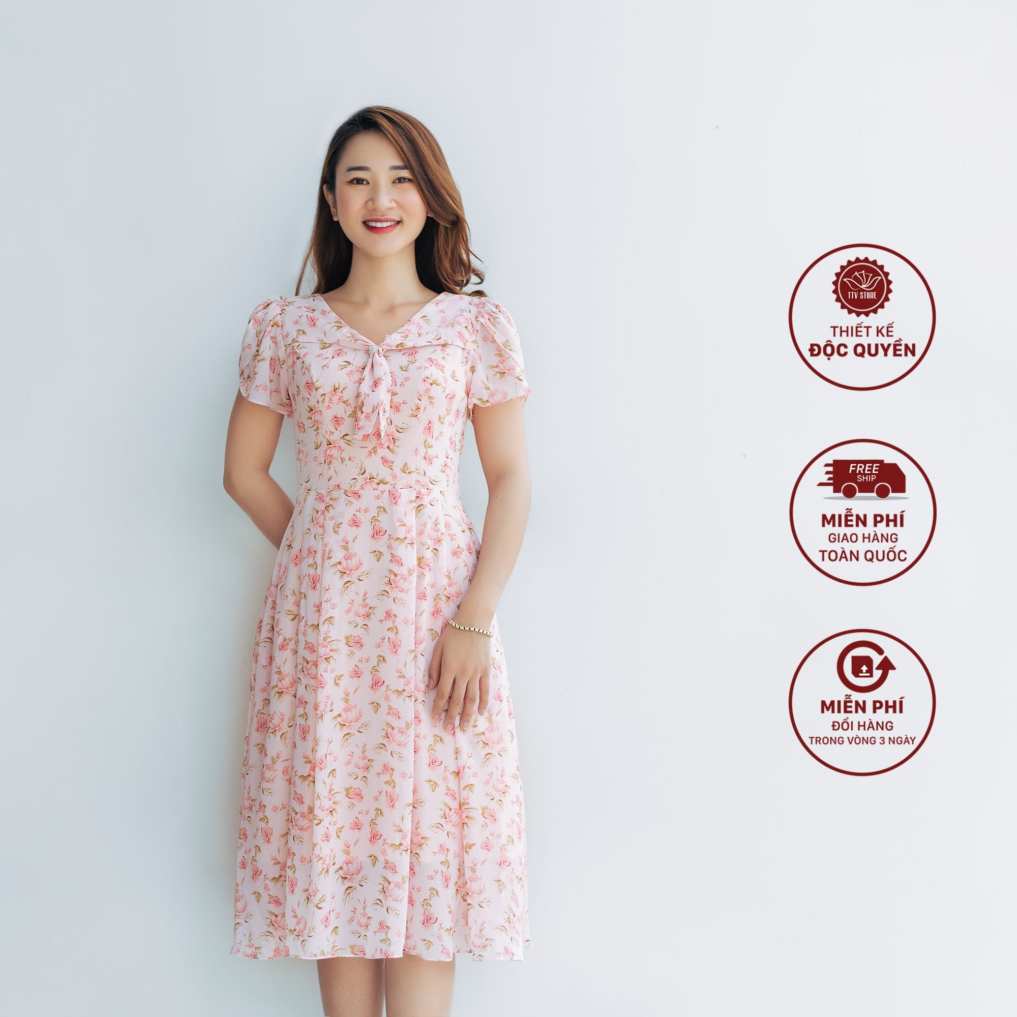 Đầm voan 2 lớp hoa nhí vàng cổ tròn tay lỡ dáng xòe  Kho sỉ hàng thiết kế