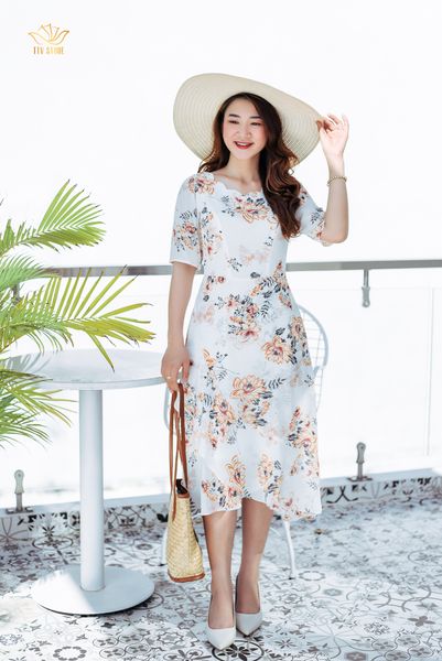 Đầm xoè - Cổ sóng nước tay ngắn - CV - Trắng hoa kem - TTV1016