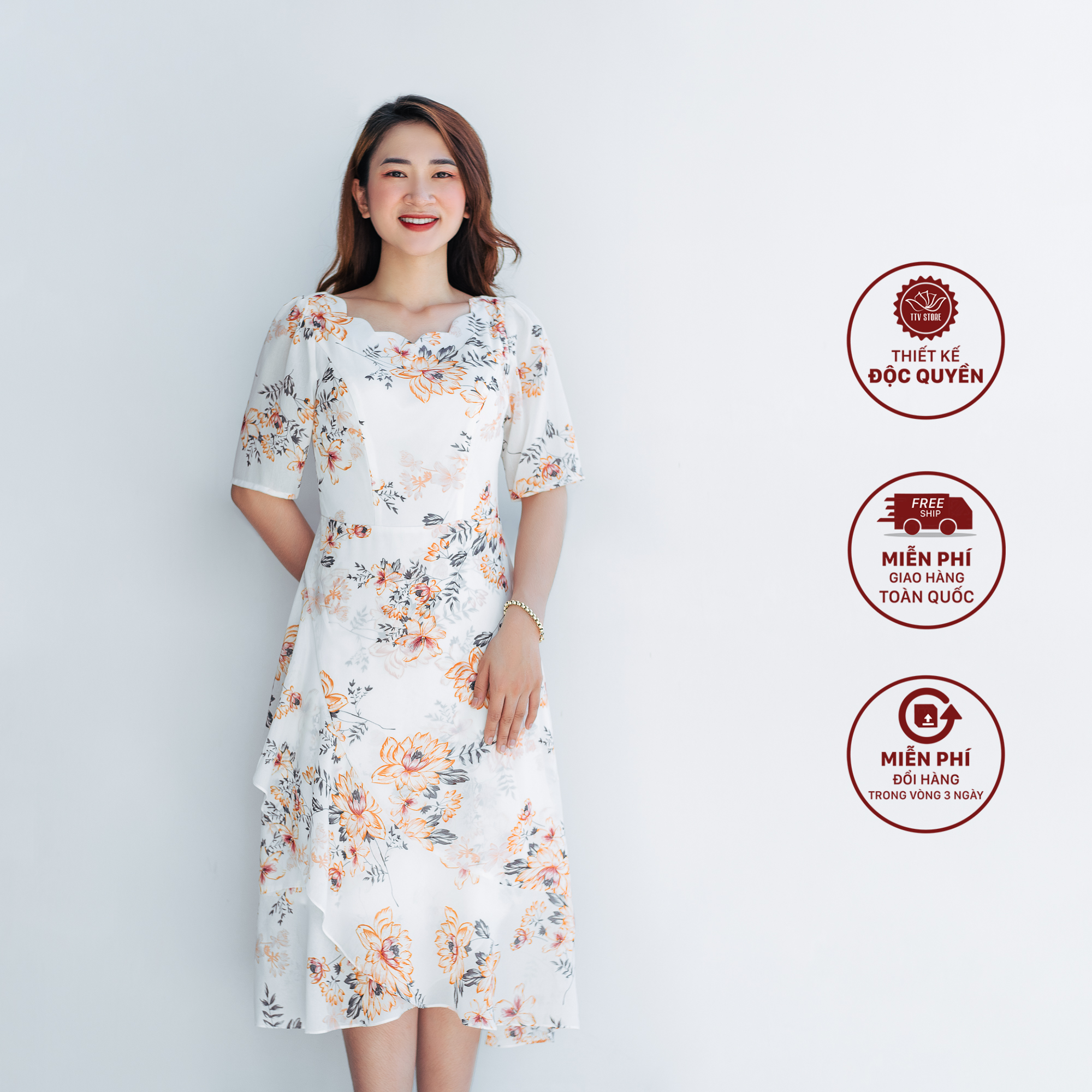 Đầm xoè - Cổ sóng nước tay ngắn - CV - Trắng hoa kem - TTV1016