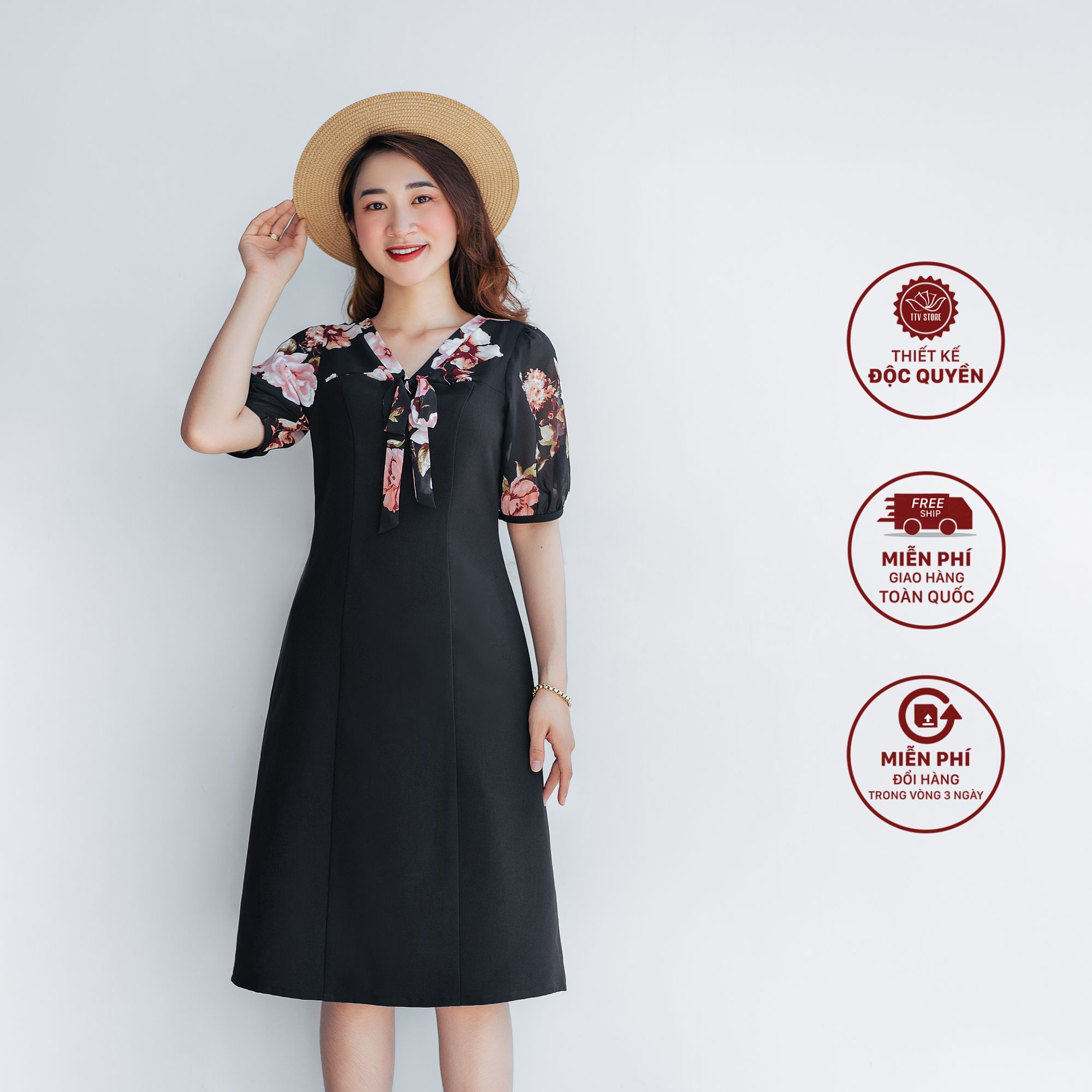 Đầm suông - Cổ tim cột nơ - CV - Đen - TTV1018