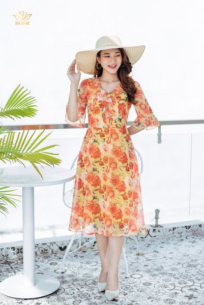 Đầm xoè - Cổ bèo tay chuông - CV - Vàng hoa đỏ - TTV1039 *