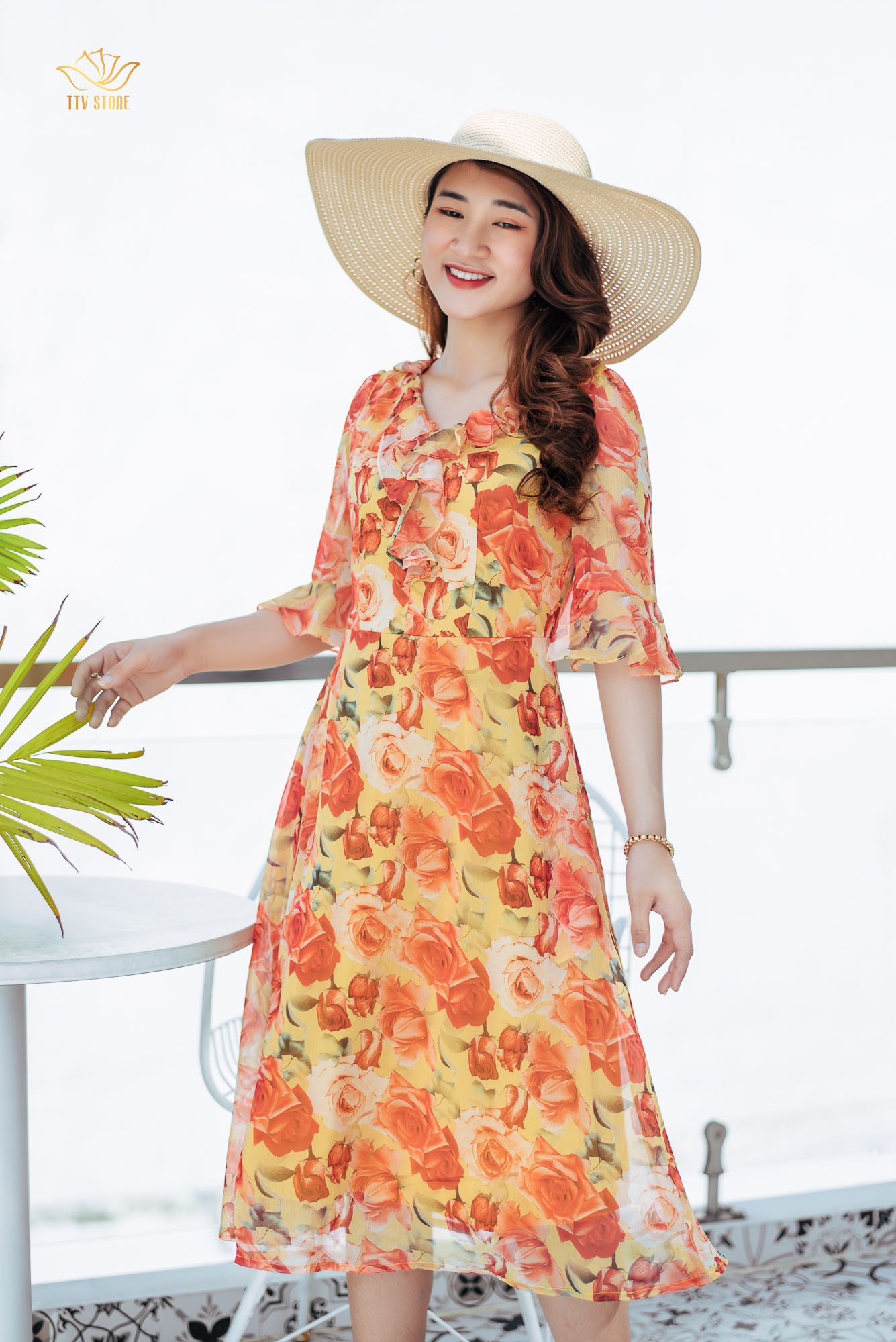 Đầm xoè - Cổ bèo tay chuông - CV - Vàng hoa đỏ - TTV1039 *