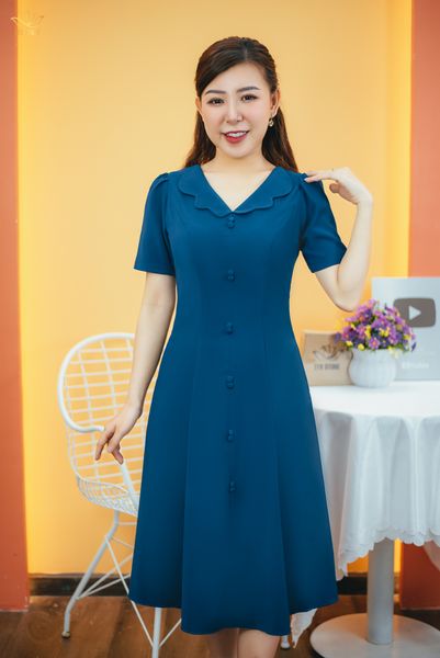 Đầm xòe 8 mảnh - Cổ lá sen sóng nước kết nút tay ngắn - CT - Xanh cổ vịt - TTV1551