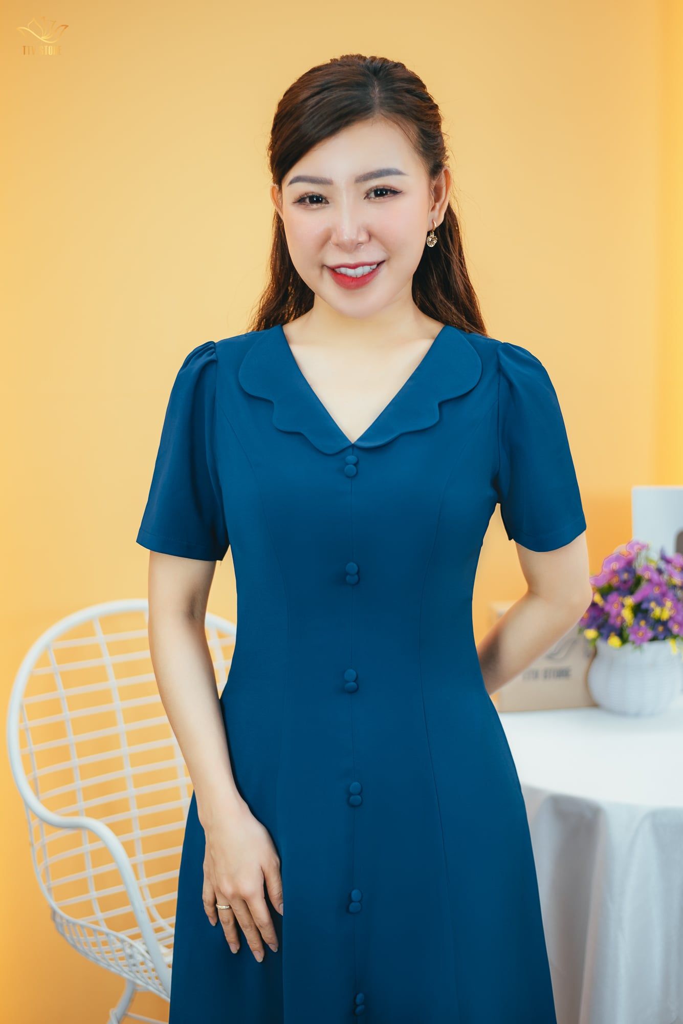 Đầm xòe 8 mảnh - Cổ lá sen sóng nước kết nút tay ngắn - CT - Xanh cổ vịt - TTV1551