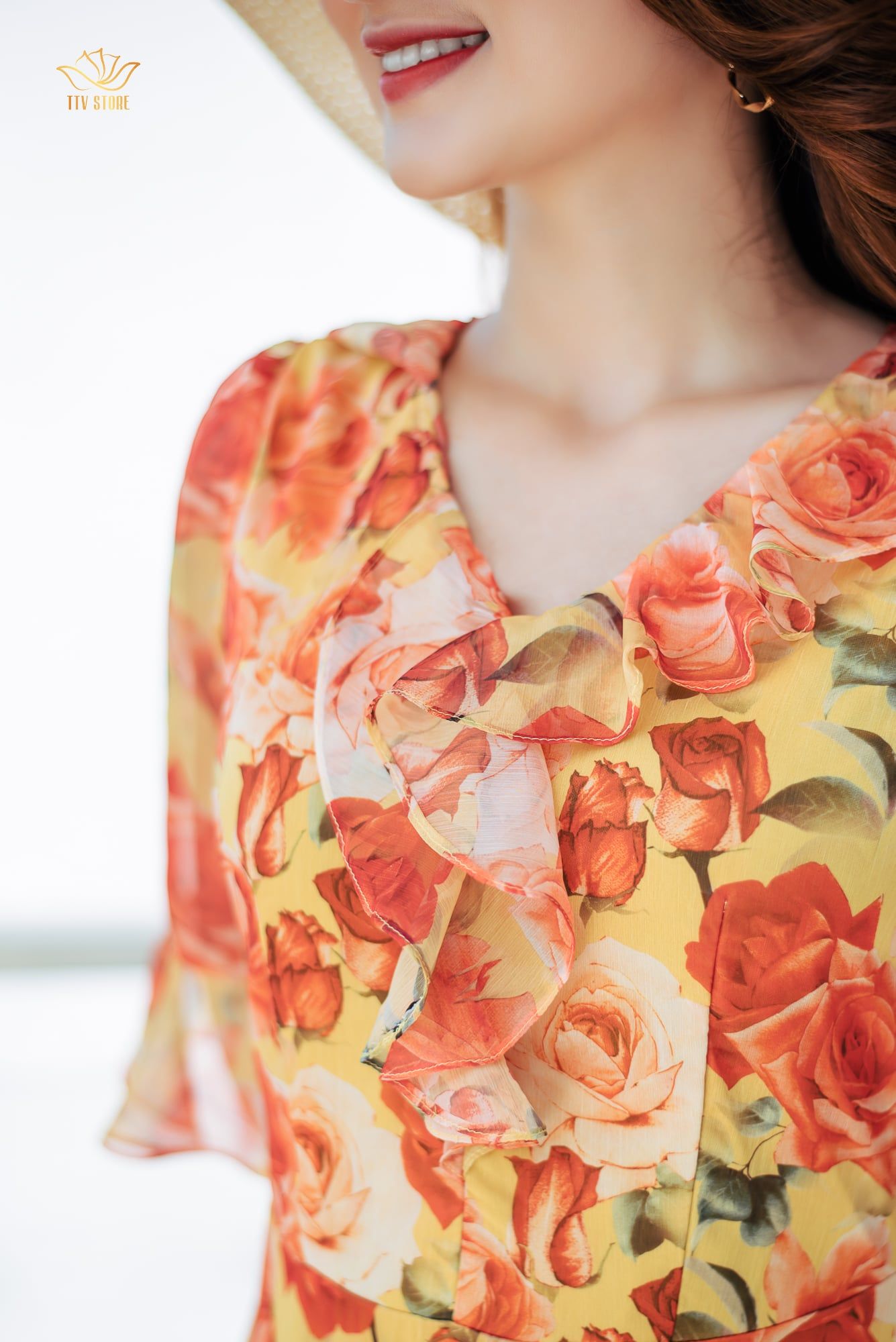 Đầm xoè - Cổ bèo tay chuông - CV - Vàng hoa đỏ - TTV1039 *