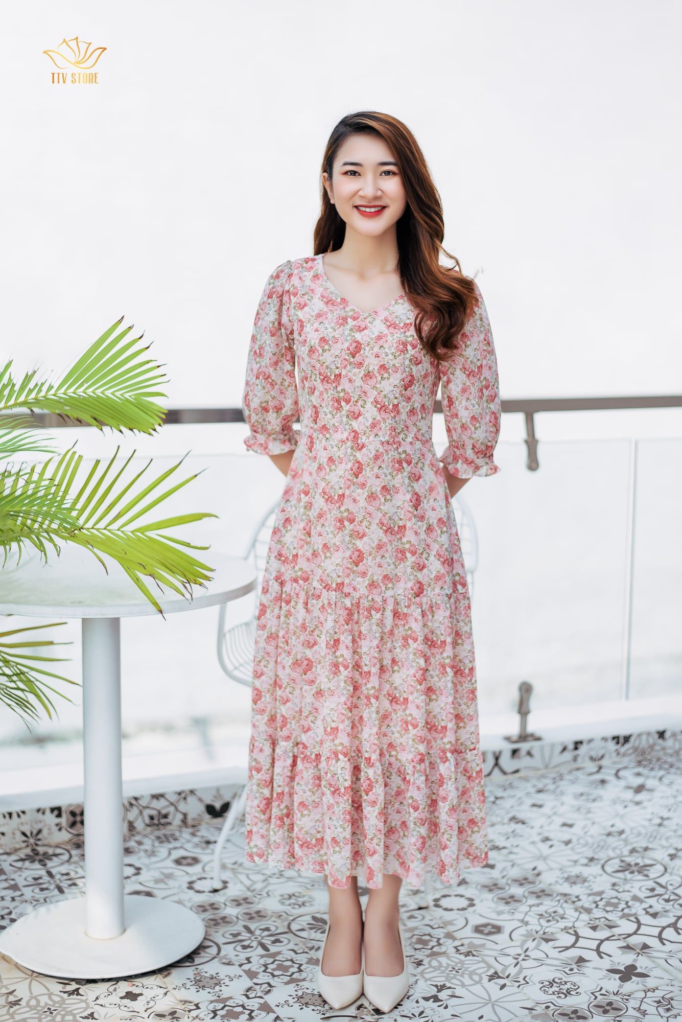 Maxi - Cổ tim tay lỡ - CD - Hồng hoa - TTV1031