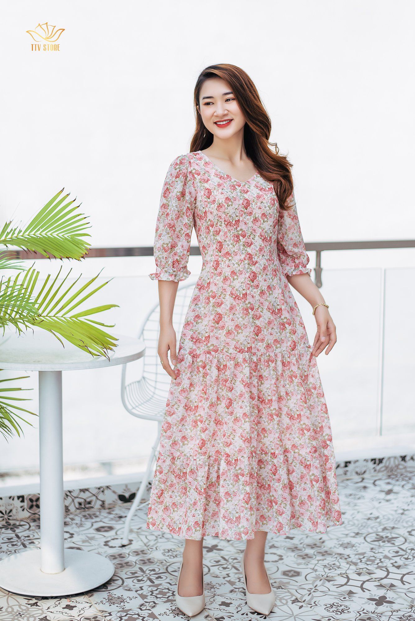 Maxi - Cổ tim tay lỡ - CD - Hồng hoa - TTV1031