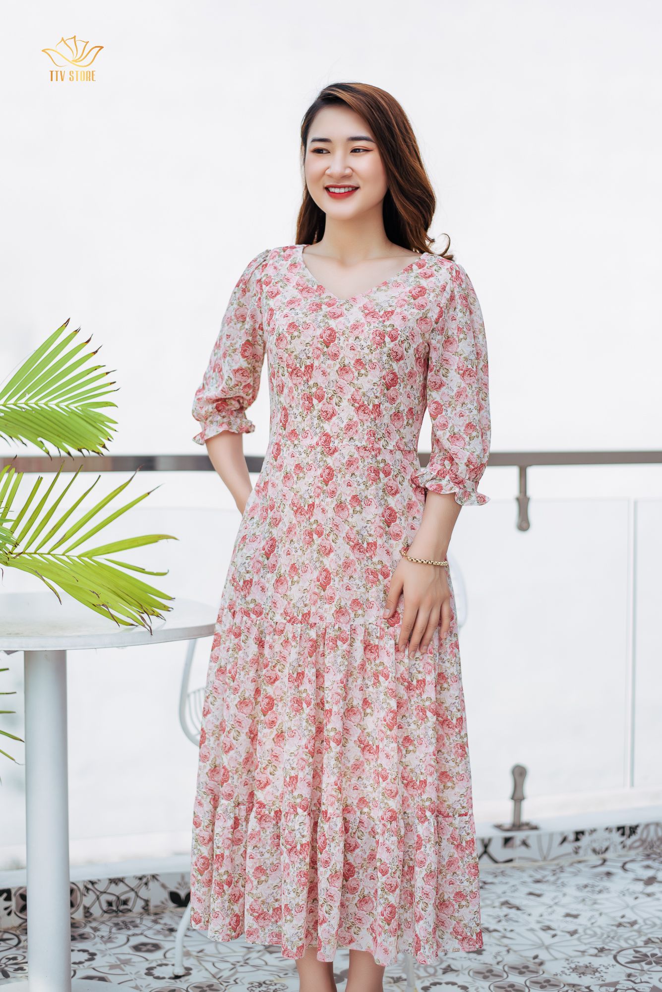 Maxi - Cổ tim tay lỡ - CD - Hồng hoa - TTV1031