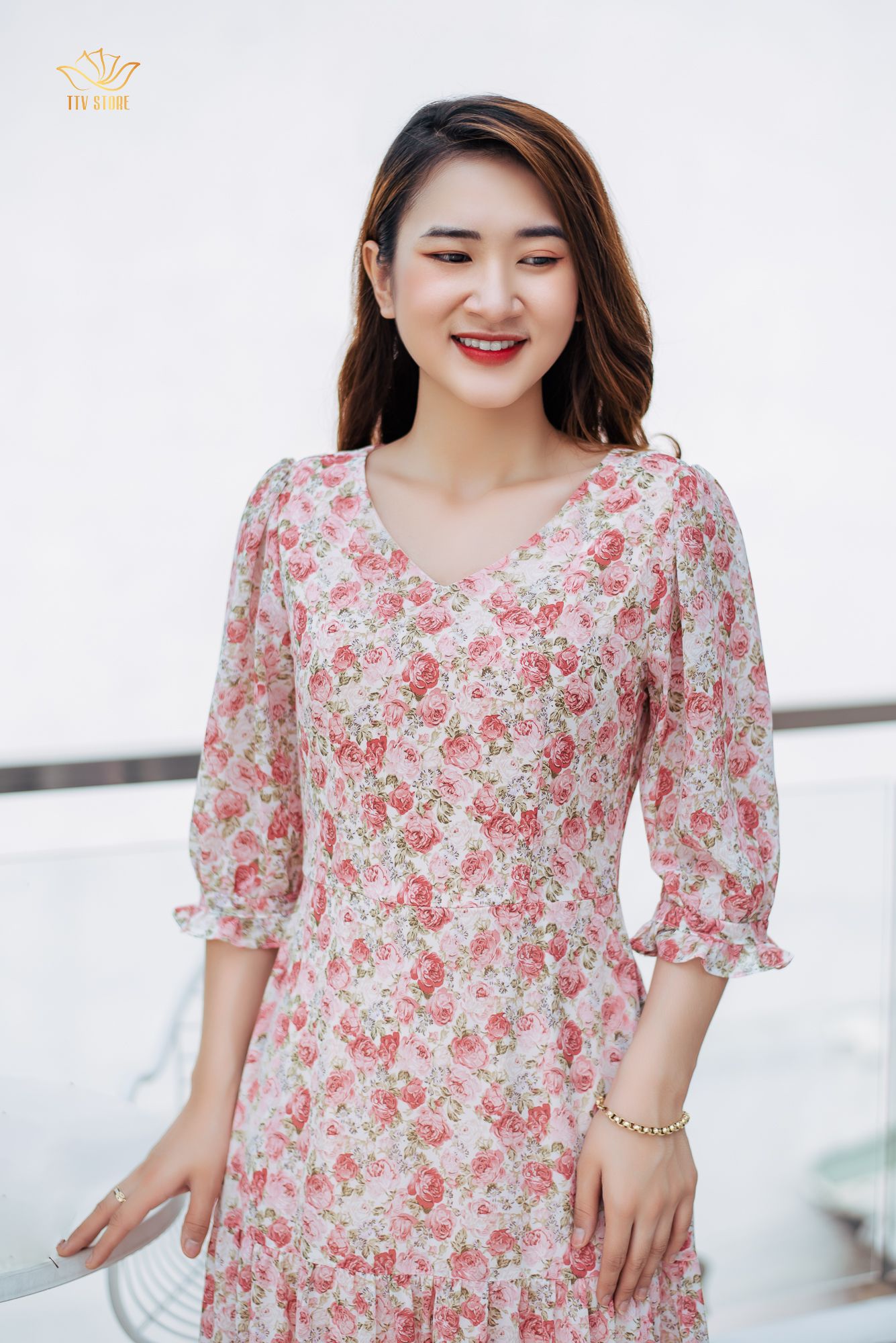 Maxi - Cổ tim tay lỡ - CD - Hồng hoa - TTV1031