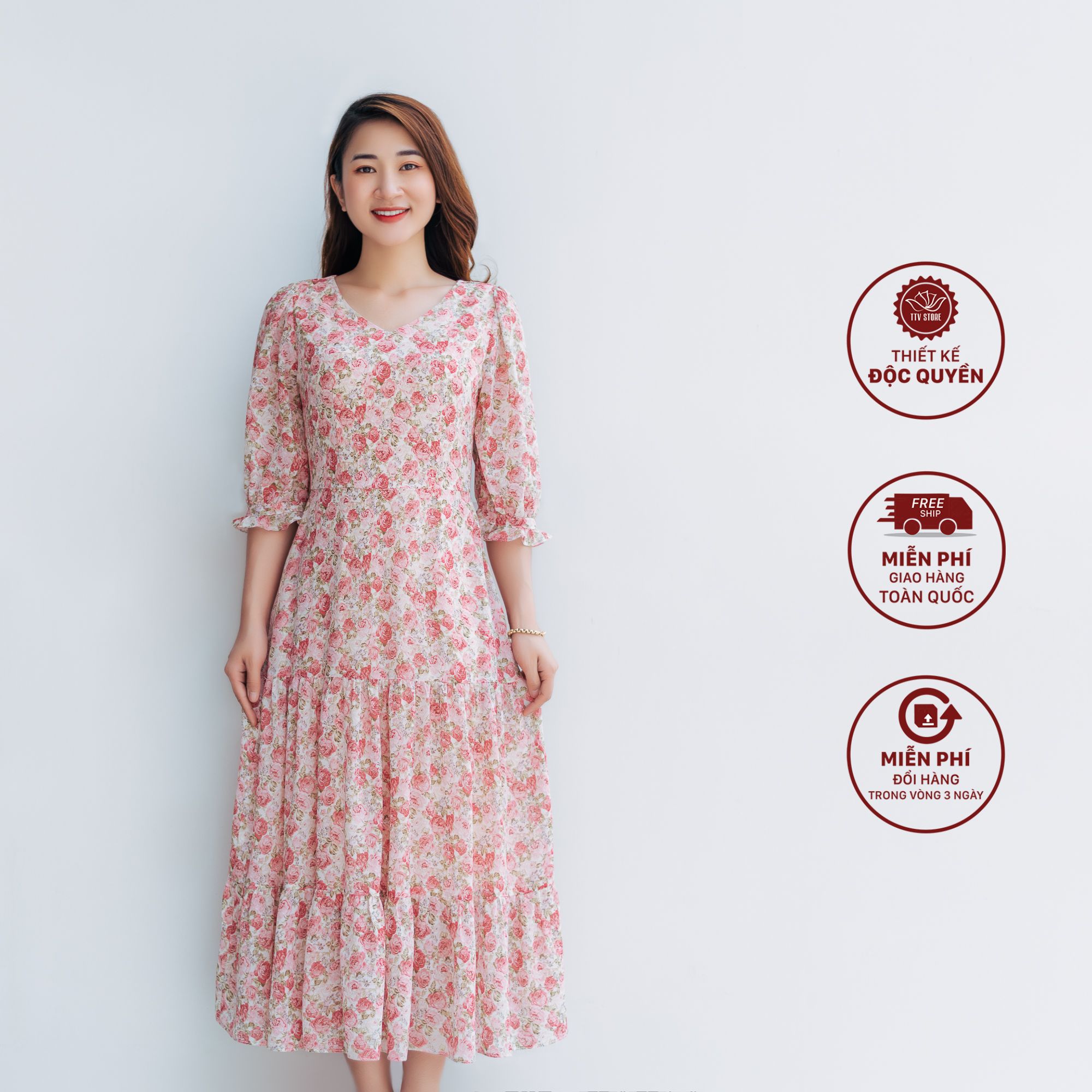 Maxi - Cổ tim tay lỡ - CD - Hồng hoa - TTV1031