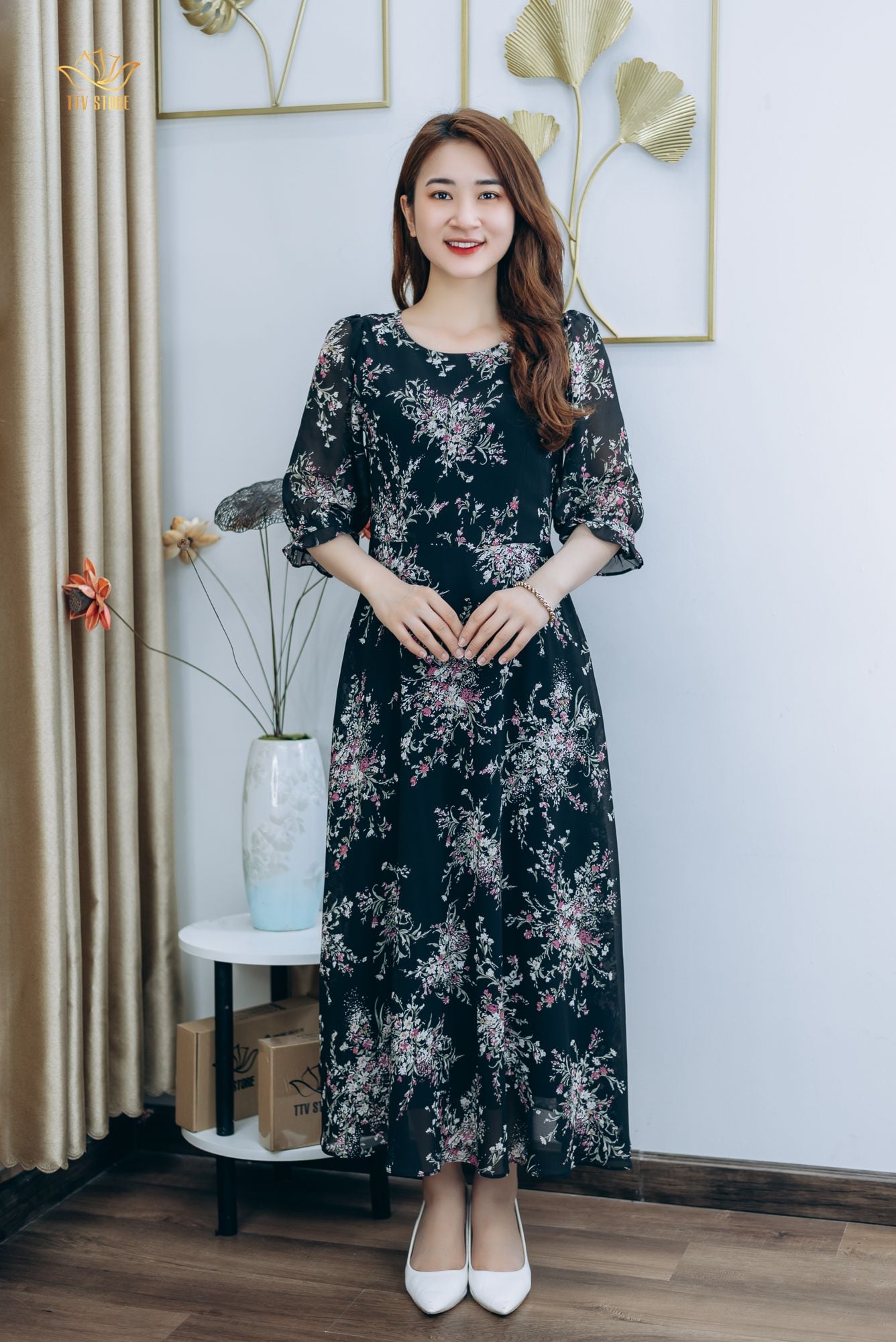 Đầm maxi - Cổ tròn tay lỡ - CD - Đen hoa - TTV1297