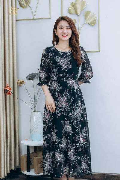 Đầm maxi - Cổ tròn tay lỡ - CD - Đen hoa - TTV1297