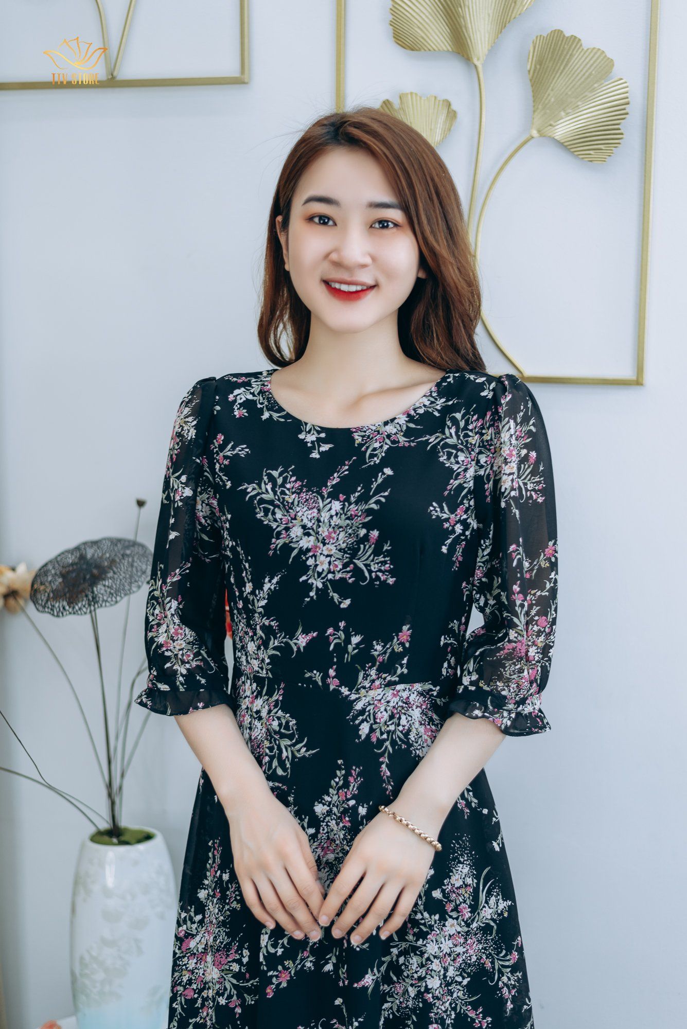 Đầm maxi - Cổ tròn tay lỡ - CD - Đen hoa - TTV1297