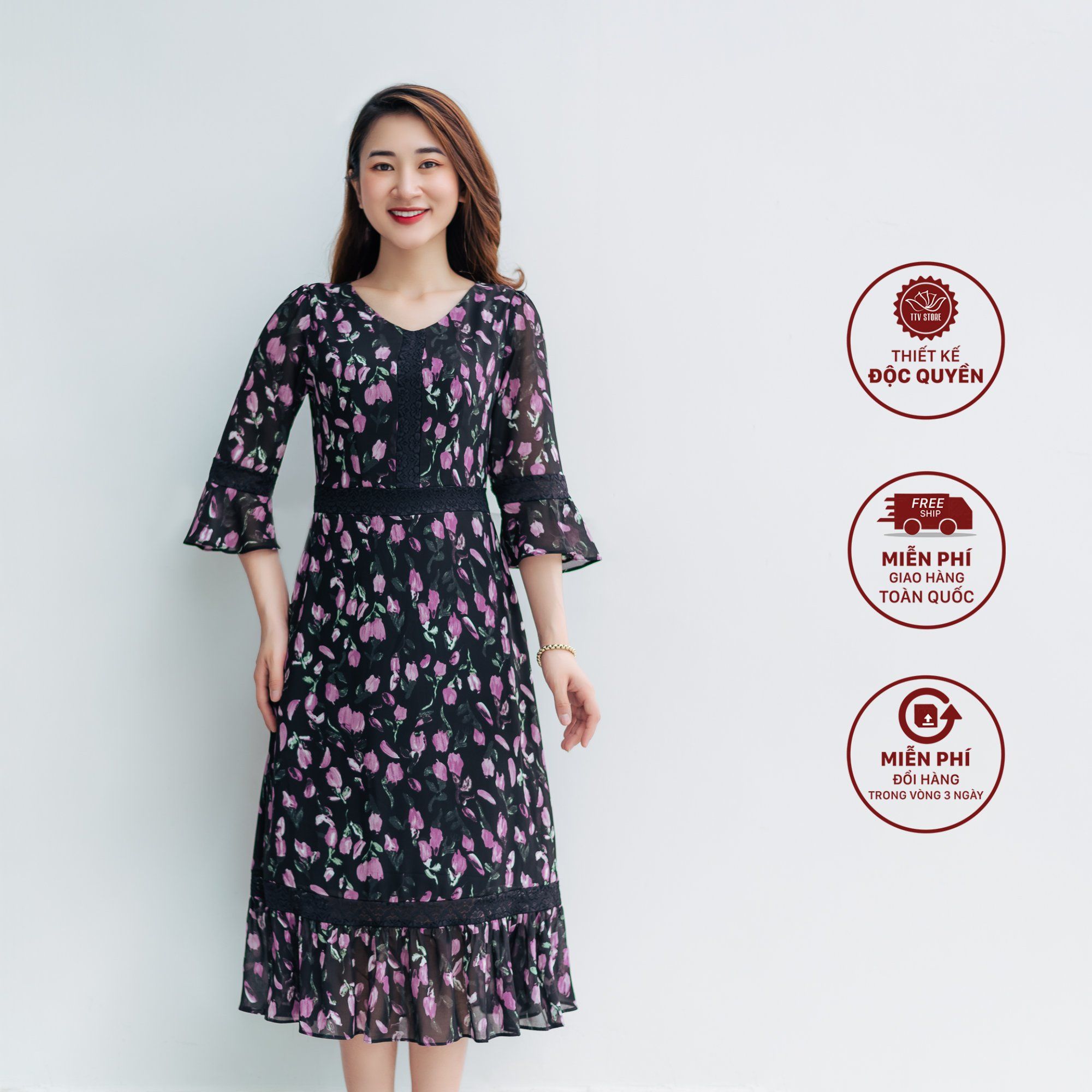 Đầm form A - Cổ tim tay chuông phối ren - CD - Đen hoa tím - TTV1040 *