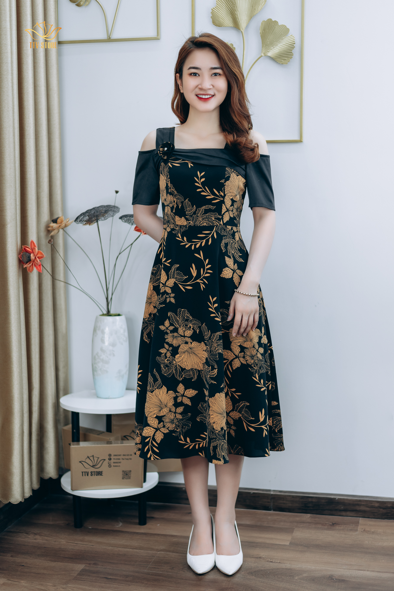 Đầm xòe - Cổ vuông tay rớt vai - CD - Đen hoa nâu - TTV1280#