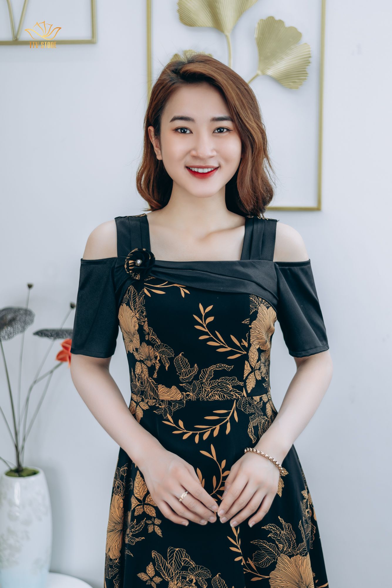 Đầm xòe - Cổ vuông tay rớt vai - CD - Đen hoa nâu - TTV1280#