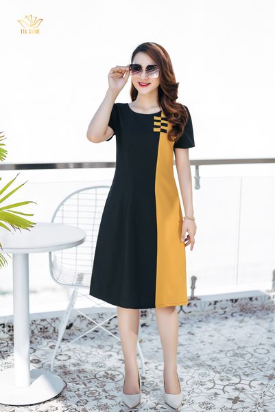 Đầm suông - Cổ tròn tay ngắn - CV - Đen phối vàng - TTV1044