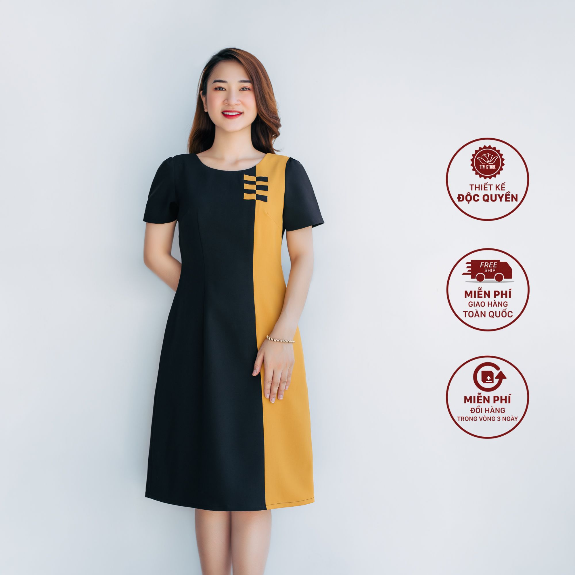 Đầm suông - Cổ tròn tay ngắn - CV - Đen phối vàng - TTV1044