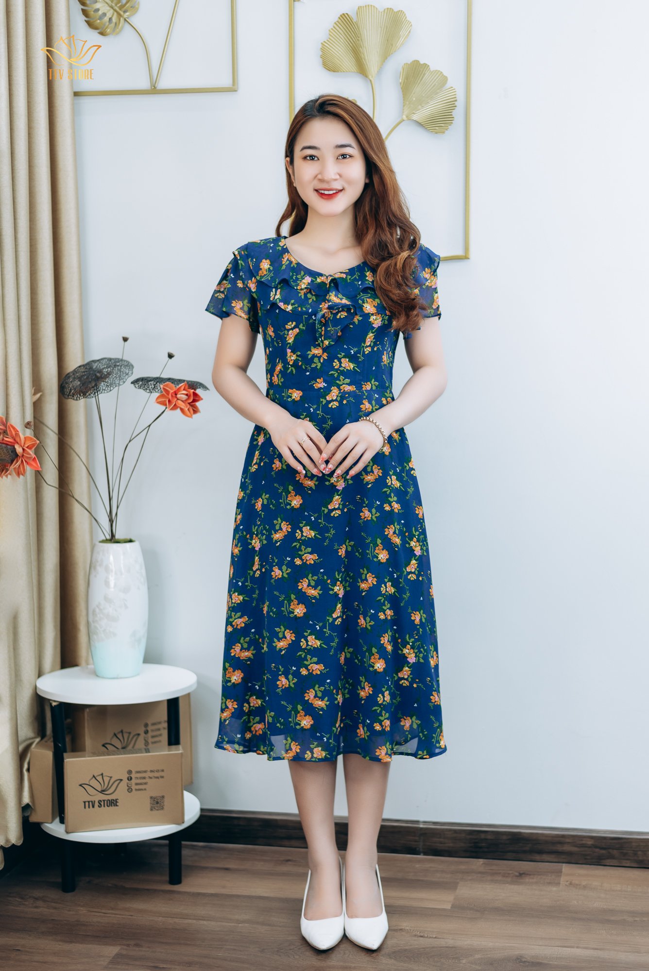 Đầm xòe - Cổ tim bèo tay ngắn - AH - Xanh hoa vàng - TTV1300