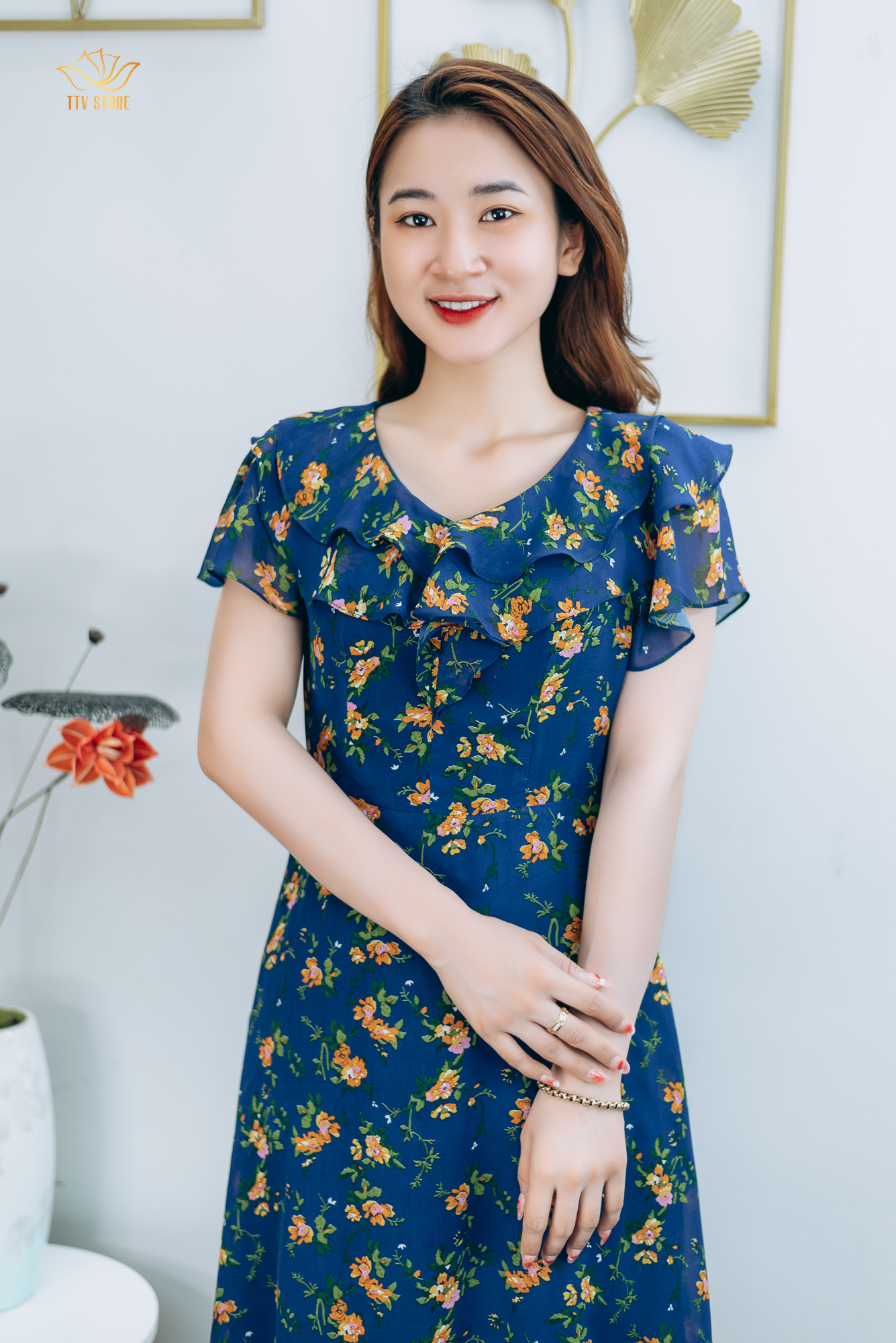 Đầm xòe - Cổ tim bèo tay ngắn - AH - Xanh hoa vàng - TTV1300