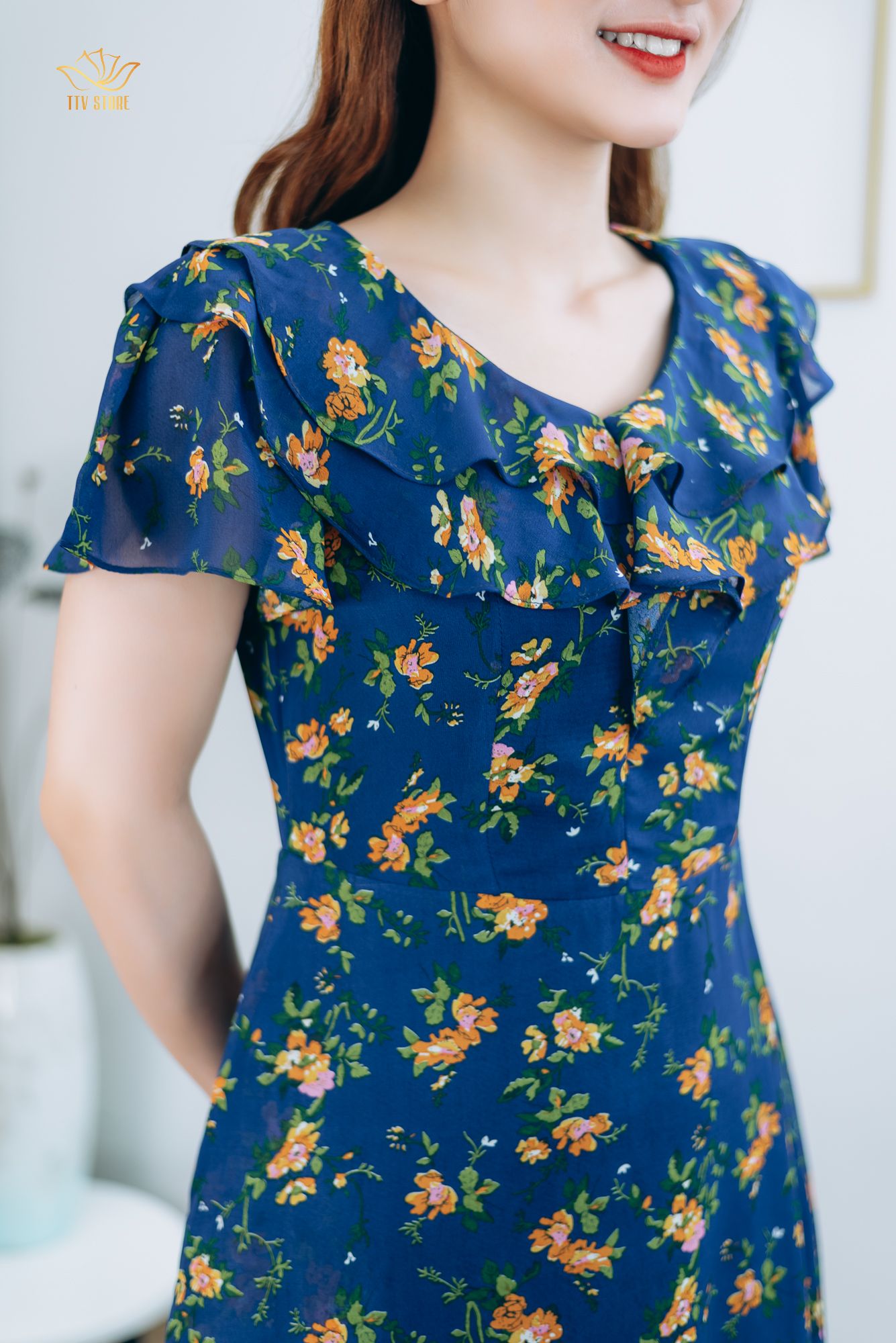 Đầm xòe - Cổ tim bèo tay ngắn - AH - Xanh hoa vàng - TTV1300