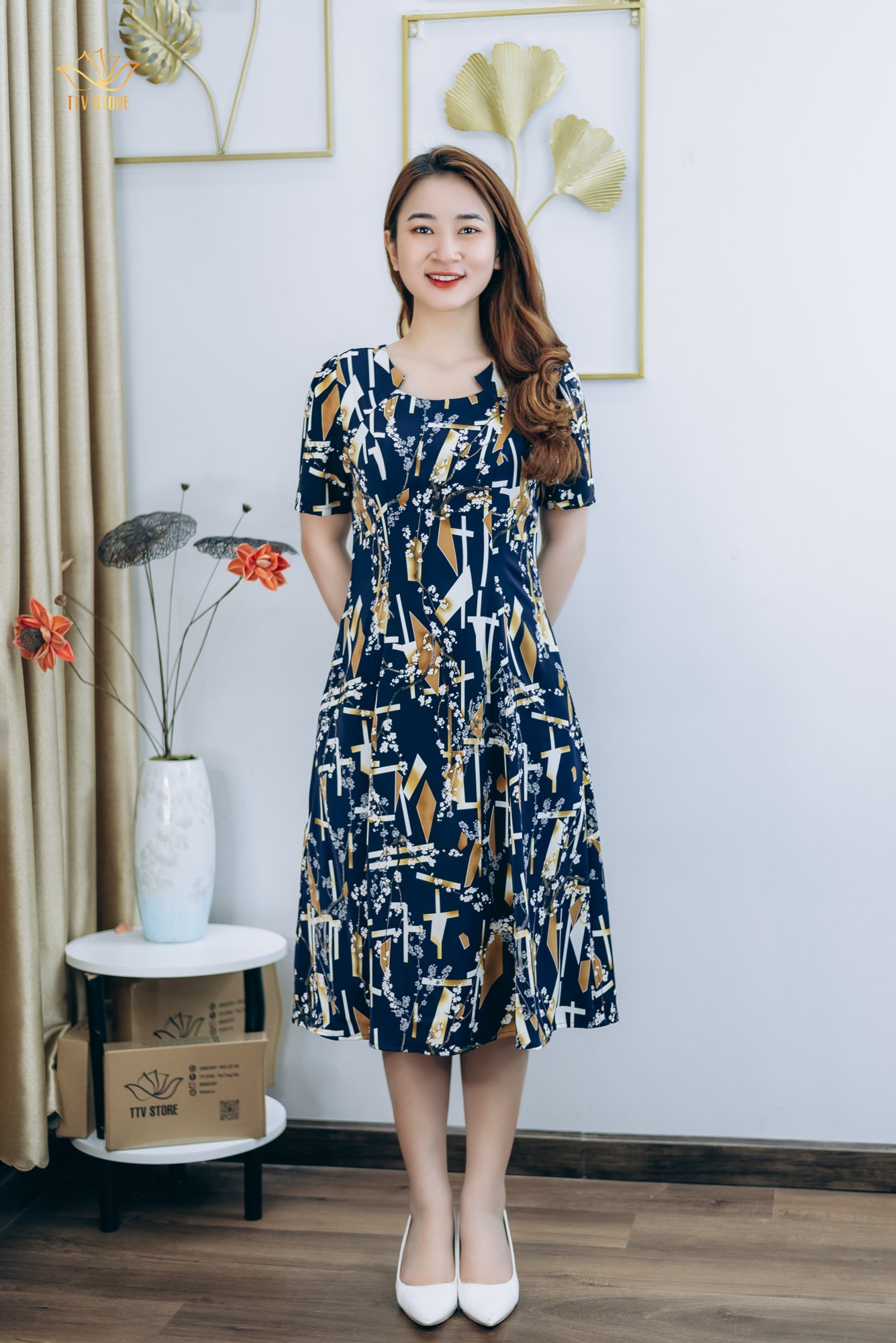 Đầm xòe - Cổ tròn tay ngắn - CV - Xanh họa tiết - TTV1295