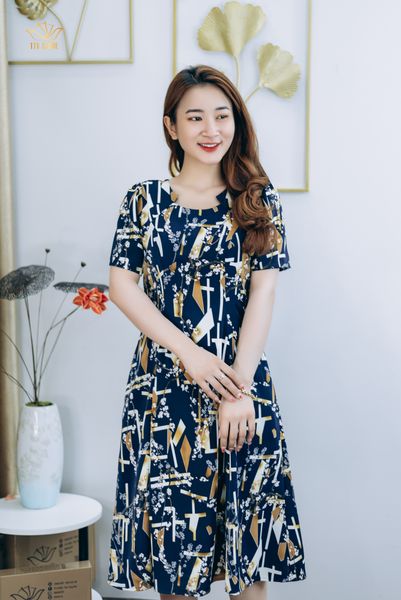 Đầm xòe - Cổ tròn tay ngắn - CV - Xanh họa tiết - TTV1295